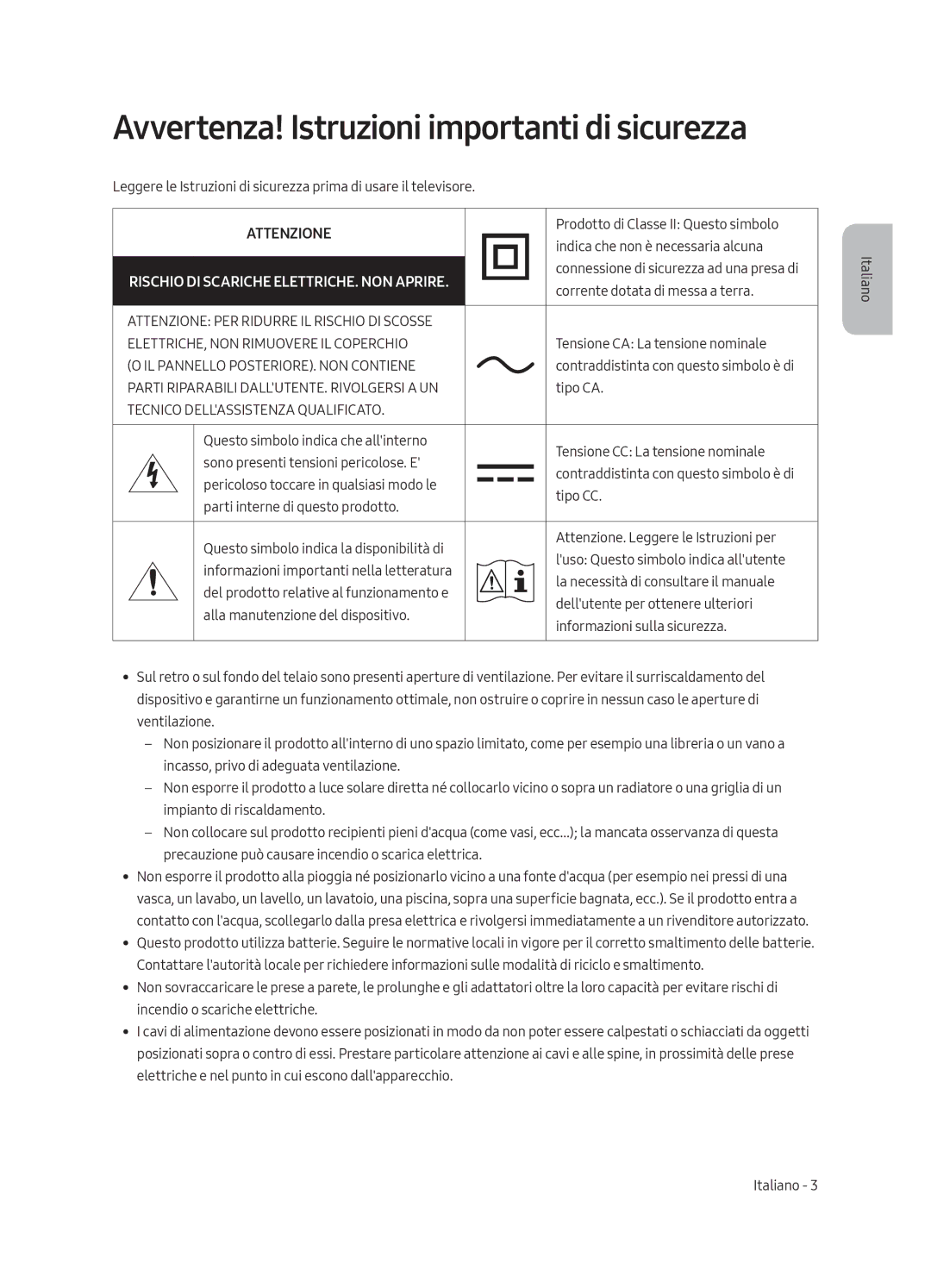 Samsung QE65Q8CAMTXXH, QE55Q8CAMTXXH, QE55Q8CAMTXZT, QE75Q8CAMTXZT manual Avvertenza! Istruzioni importanti di sicurezza 