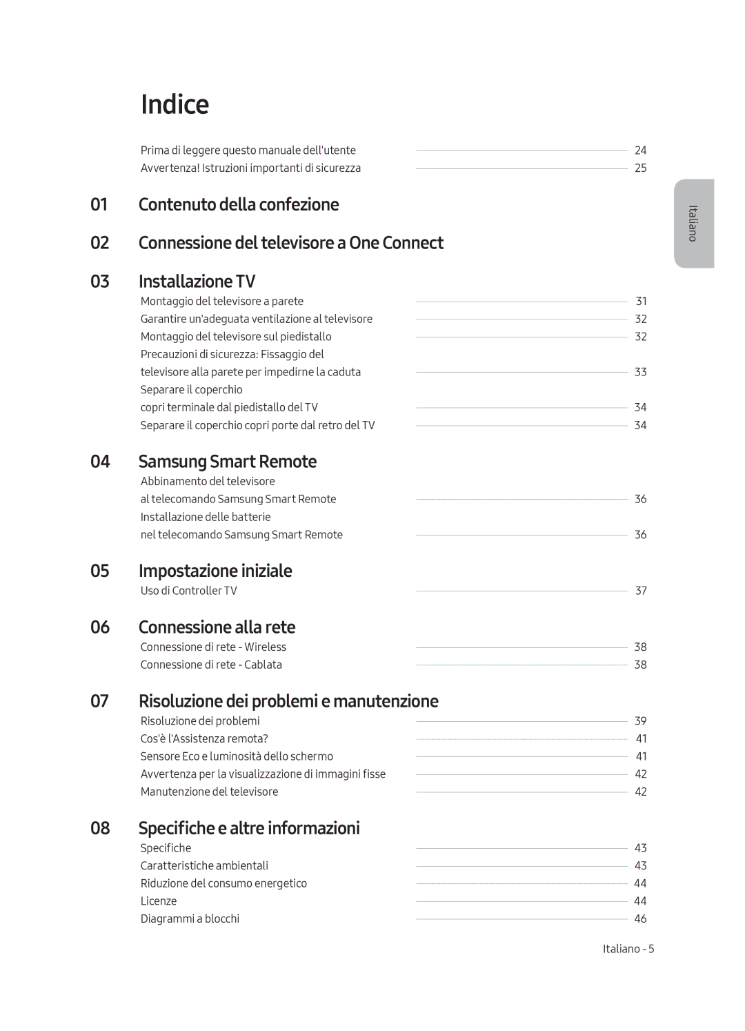 Samsung QE75Q8CAMTXZT manual Indice, Impostazione iniziale, Connessione alla rete, Risoluzione dei problemi e manutenzione 