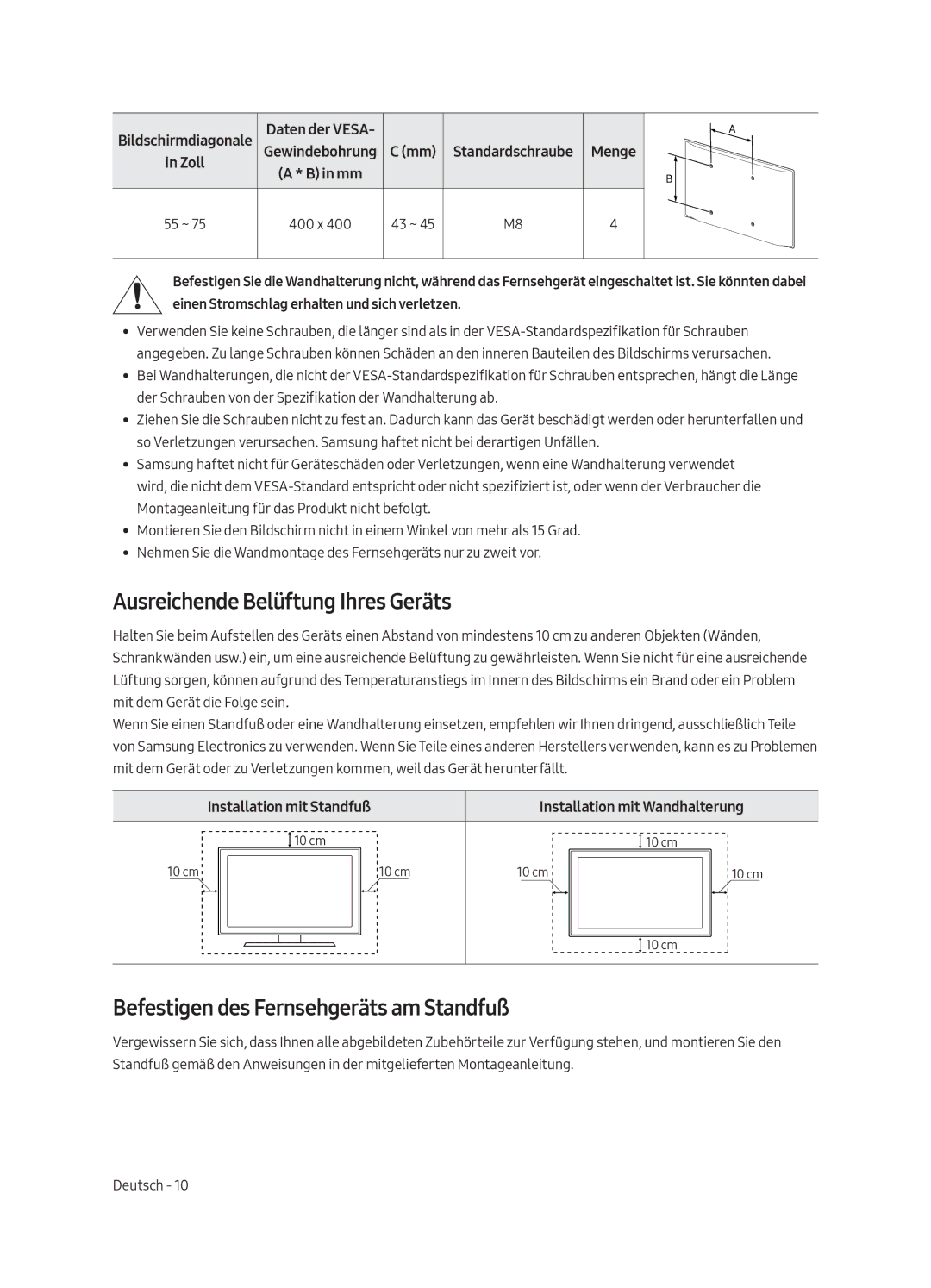 Samsung QE55Q8CAMTXZT, QE55Q8CAMTXXH manual Ausreichende Belüftung Ihres Geräts, Befestigen des Fernsehgeräts am Standfuß 