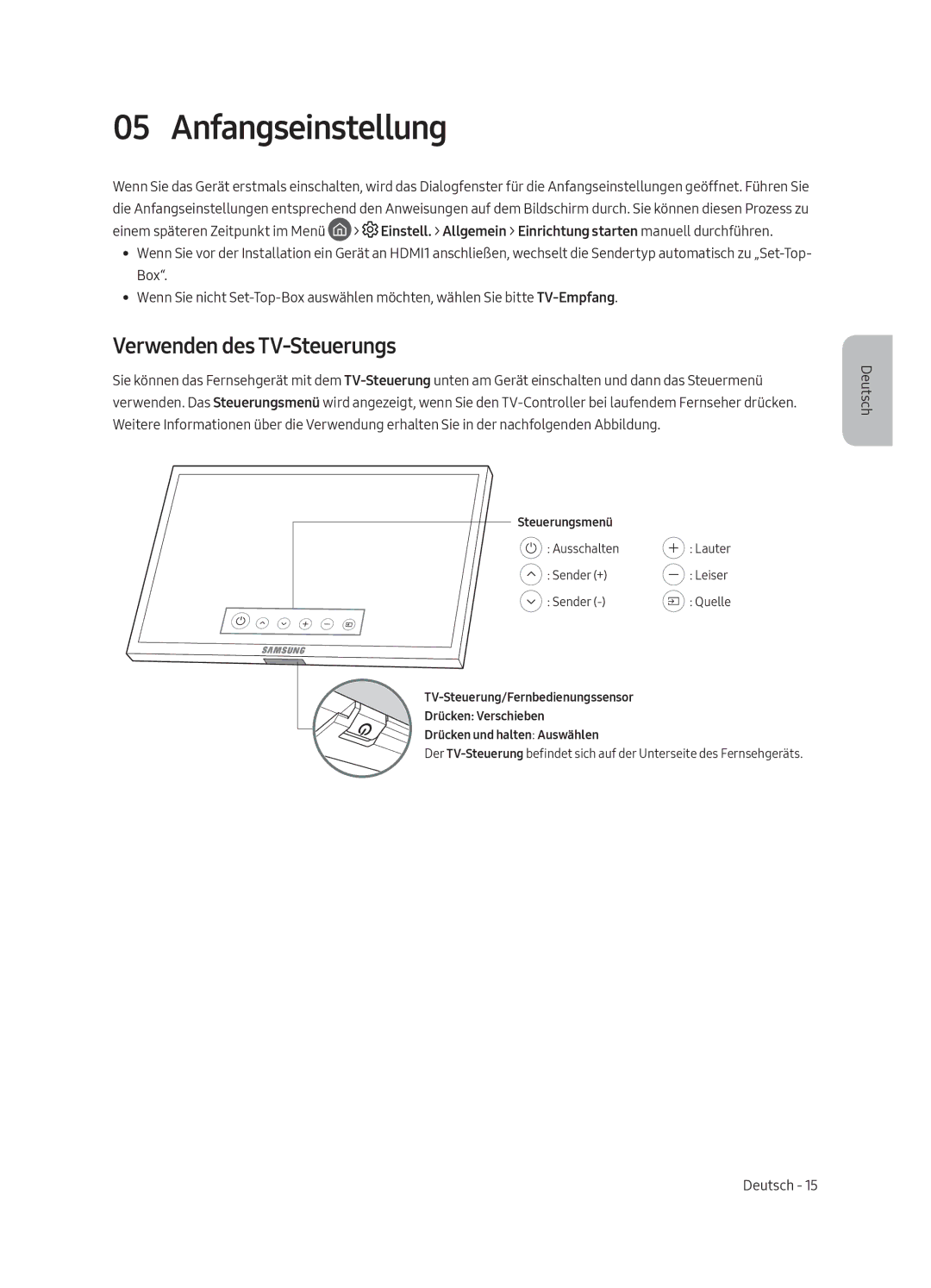 Samsung QE65Q8CAMTXXH, QE55Q8CAMTXXH, QE55Q8CAMTXZT, QE75Q8CAMTXZT manual Anfangseinstellung, Verwenden des TV-Steuerungs 