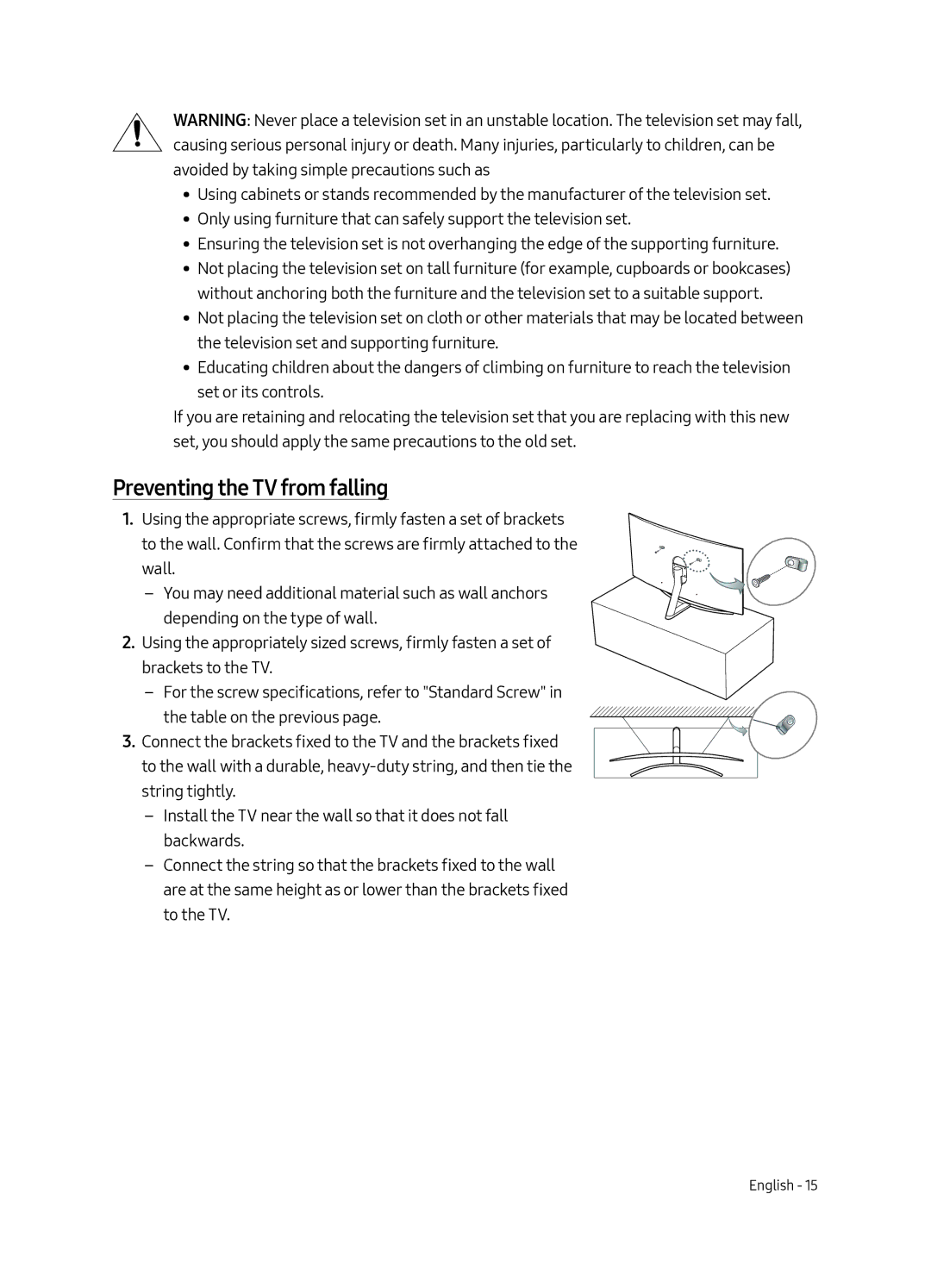 Samsung QE55Q8CAMTXXH, QE65Q8CAMTXXH, QE75Q8CAMTXXH manual Preventing the TV from falling 