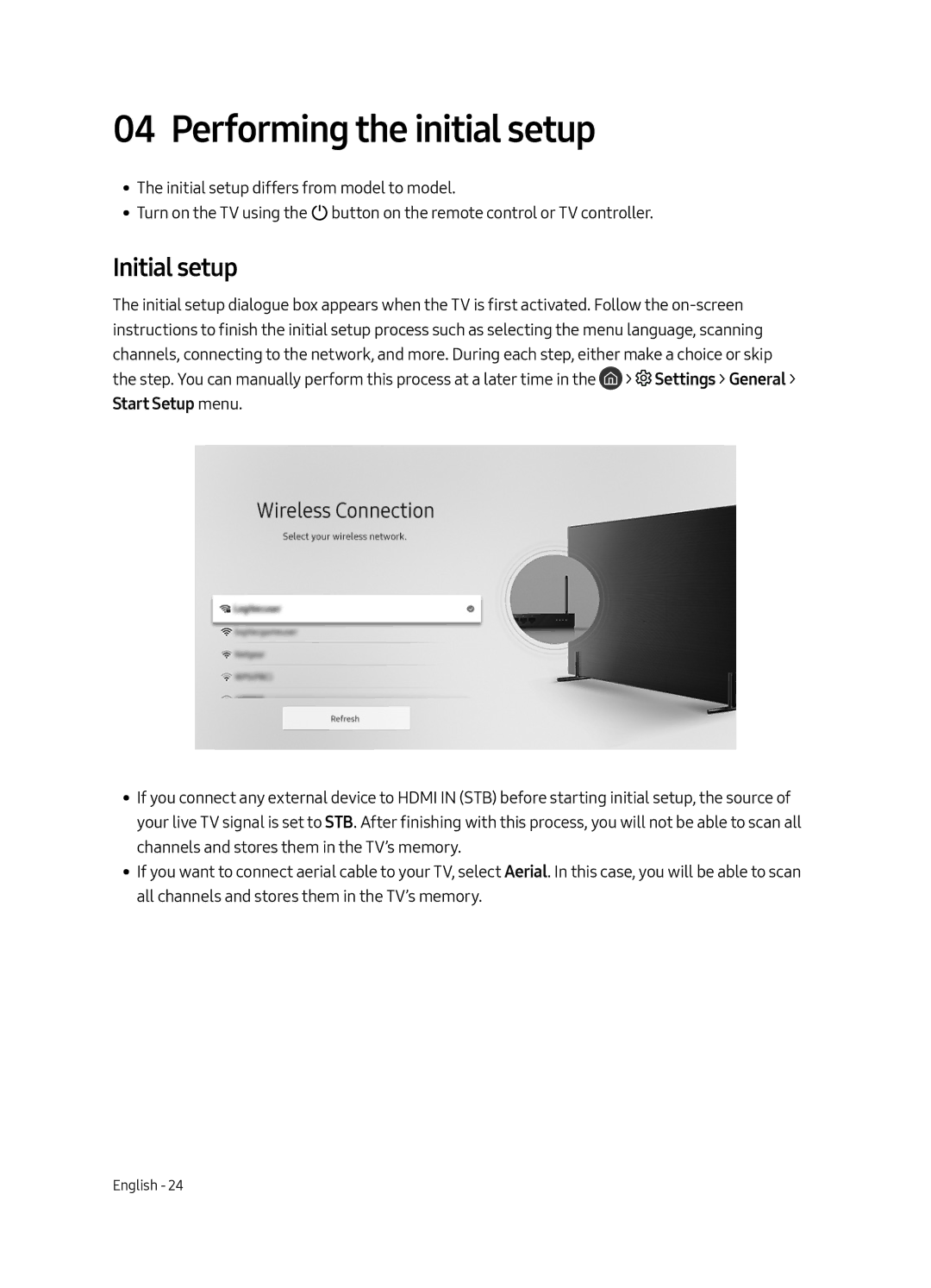 Samsung QE55Q8CAMTXXH, QE65Q8CAMTXXH, QE75Q8CAMTXXH manual Performing the initial setup, Initial setup 