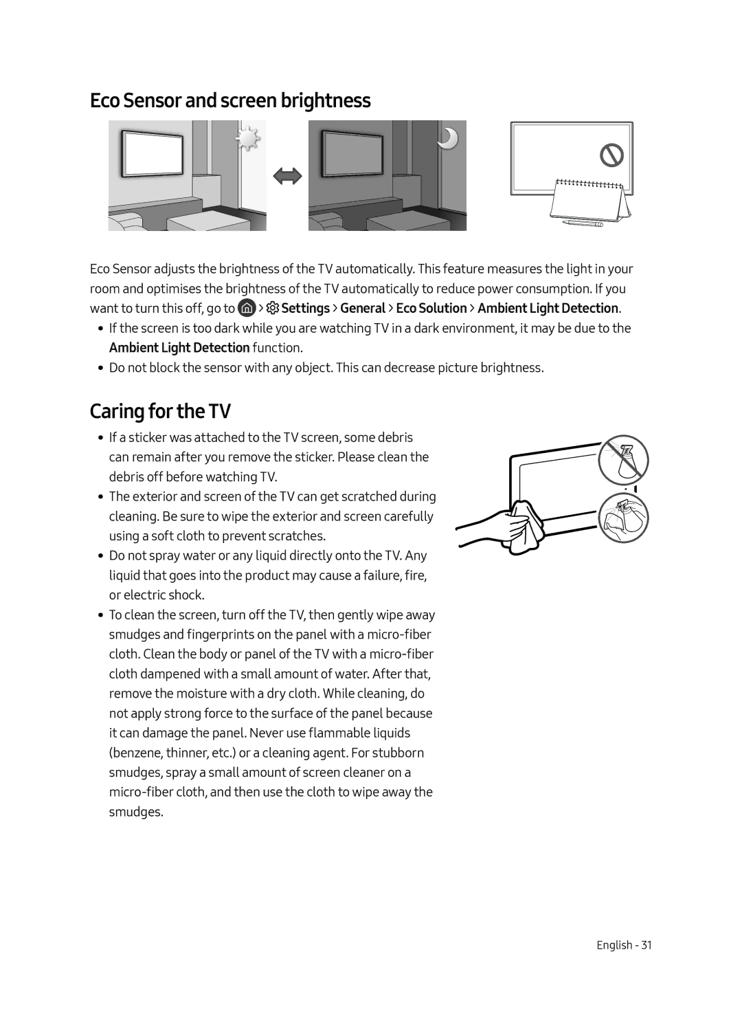 Samsung QE65Q8CAMTXXH, QE55Q8CAMTXXH, QE75Q8CAMTXXH manual Eco Sensor and screen brightness, Caring for the TV 