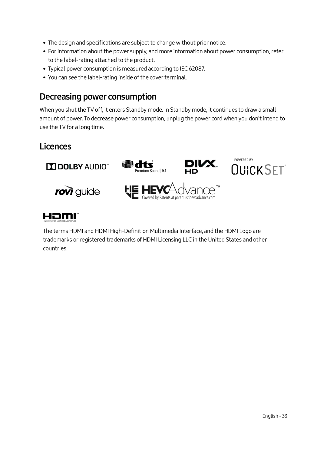 Samsung QE55Q8CAMTXXH, QE65Q8CAMTXXH, QE75Q8CAMTXXH manual Decreasing power consumption, Licences 