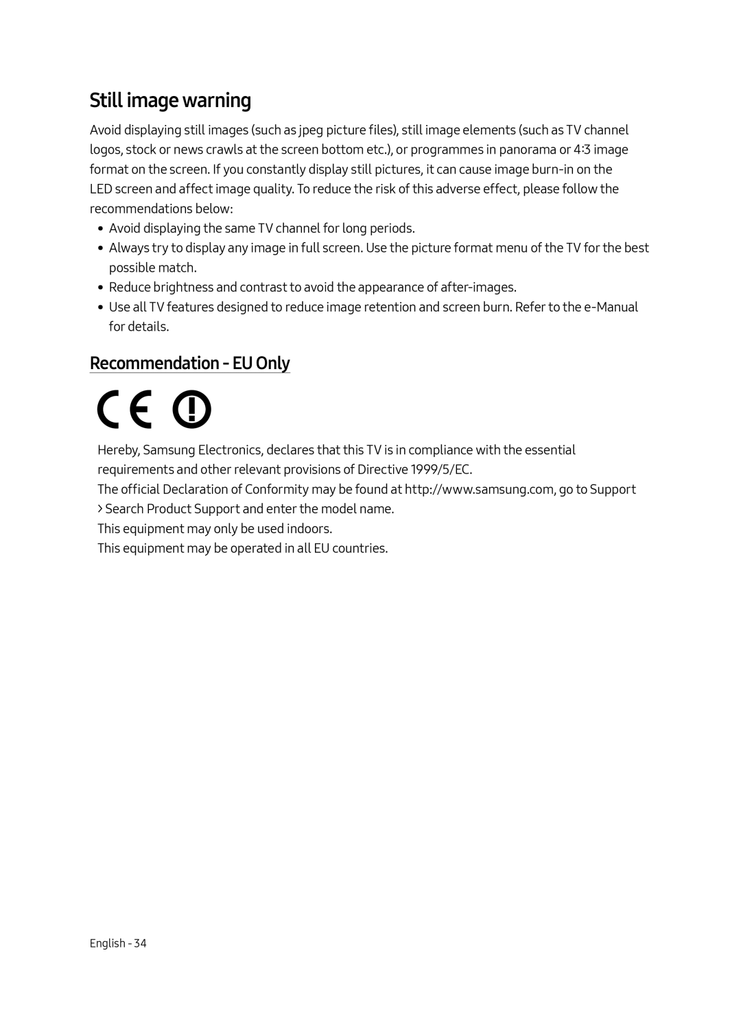 Samsung QE65Q8CAMTXXH, QE55Q8CAMTXXH, QE75Q8CAMTXXH manual Still image warning, Recommendation EU Only 