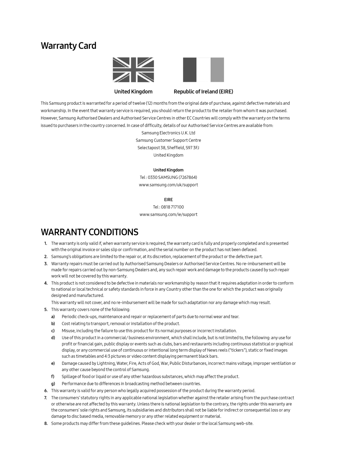 Samsung QE65Q8CAMTXXH, QE55Q8CAMTXXH, QE75Q8CAMTXXH manual Warranty Card, United Kingdom 