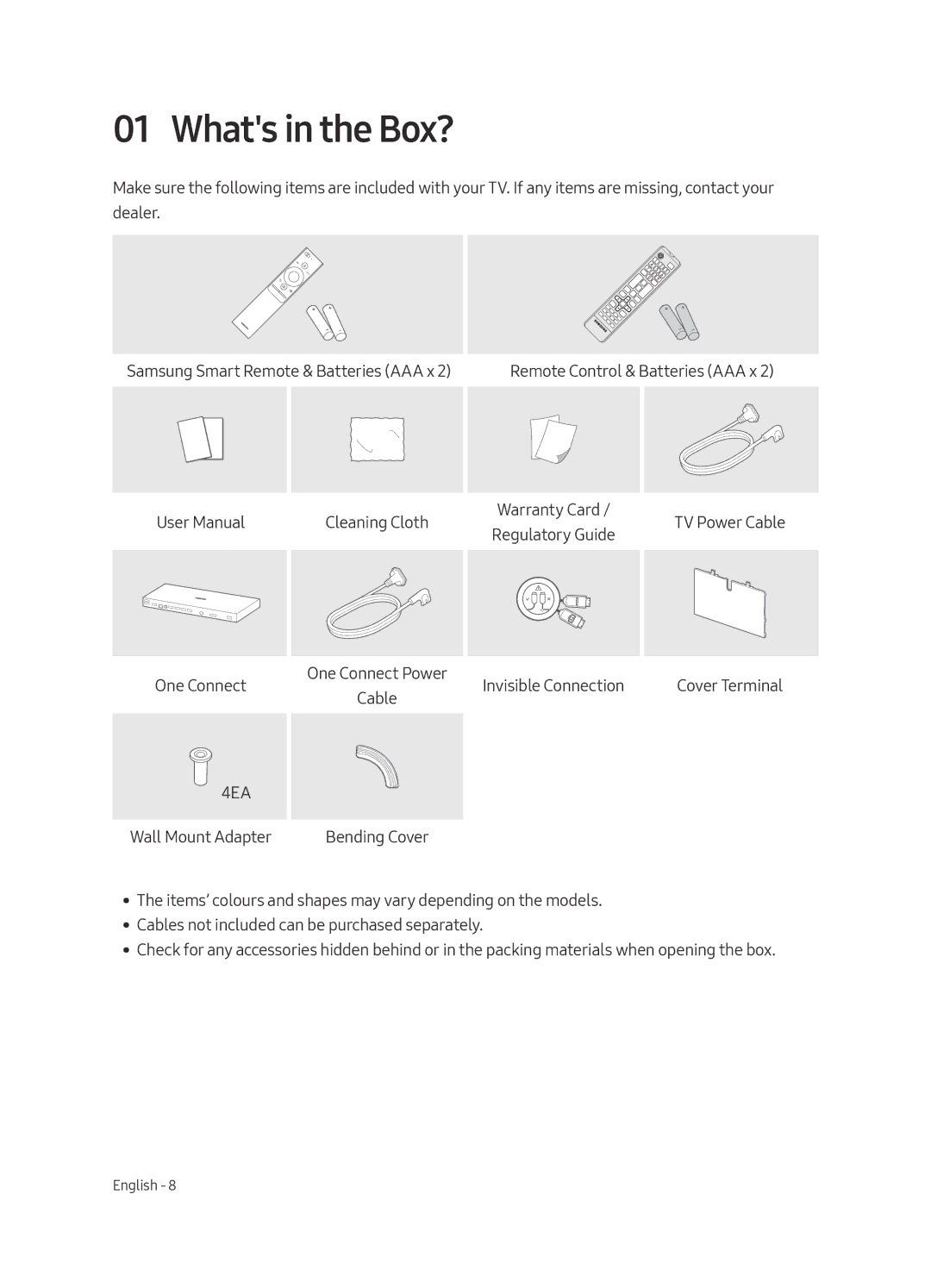 Samsung QE75Q8CAMTXXH, QE55Q8CAMTXXH, QE65Q8CAMTXXH manual Whats in the Box?, 4EA 