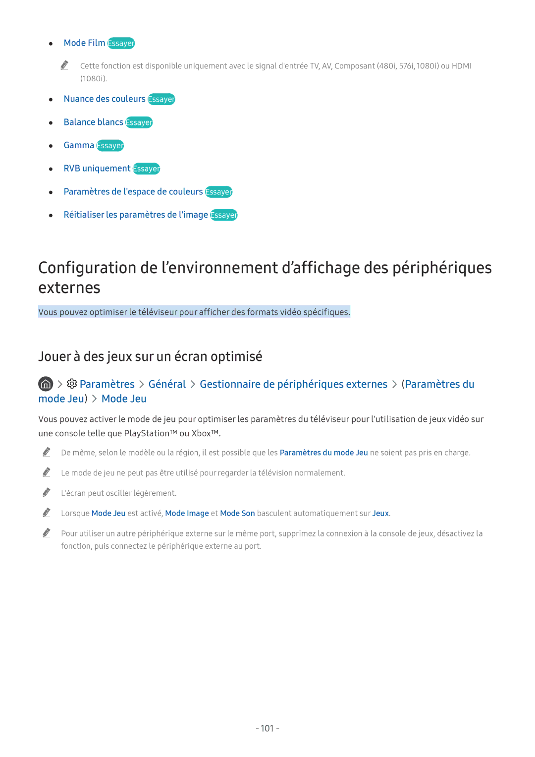 Samsung UE49NU7105KXXC manual Jouer à des jeux sur un écran optimisé, Mode Film Essayer, RVB uniquement Essayer, 101 