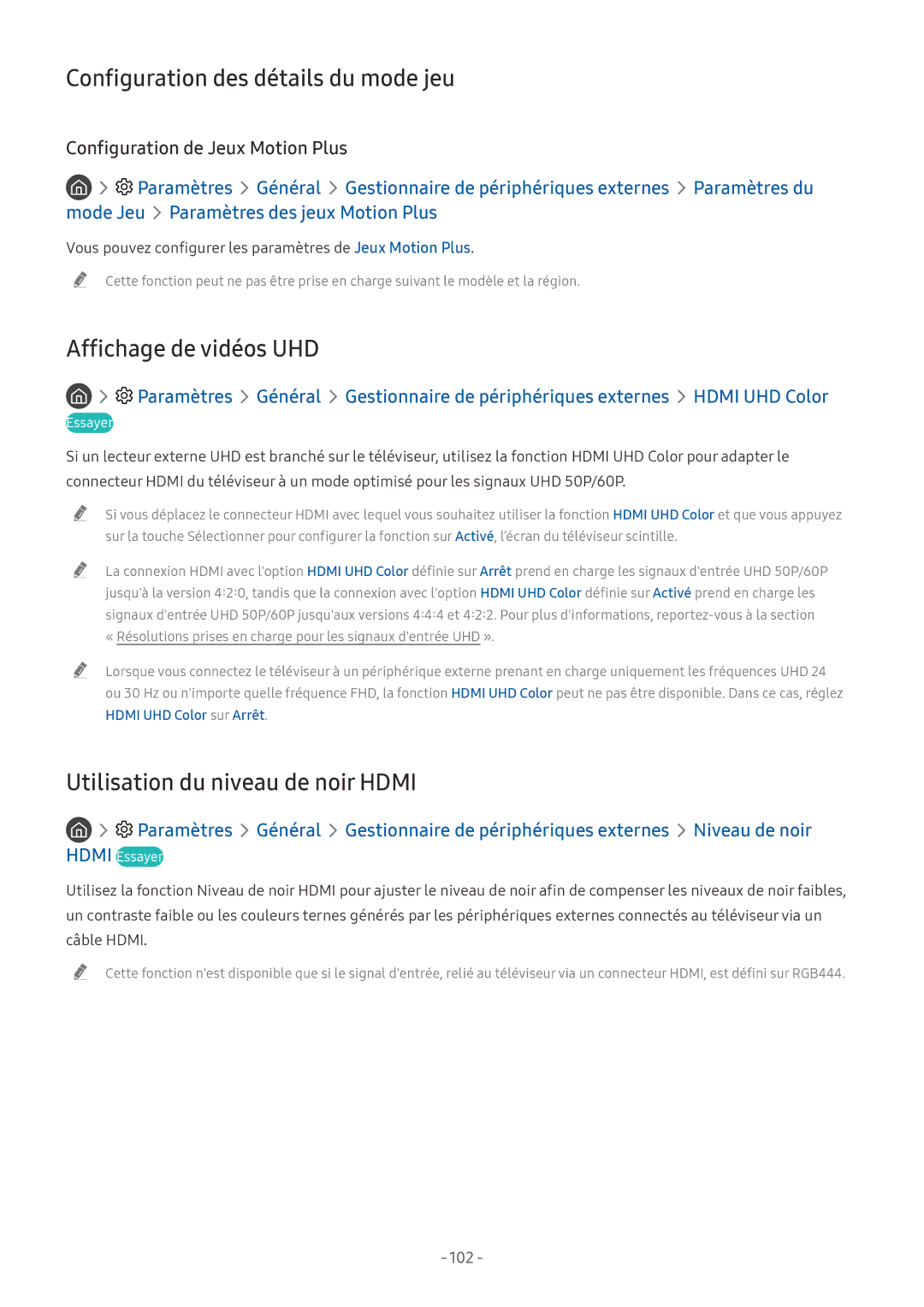 Samsung UE55NU8005TXXC Configuration des détails du mode jeu, Affichage de vidéos UHD, Utilisation du niveau de noir Hdmi 