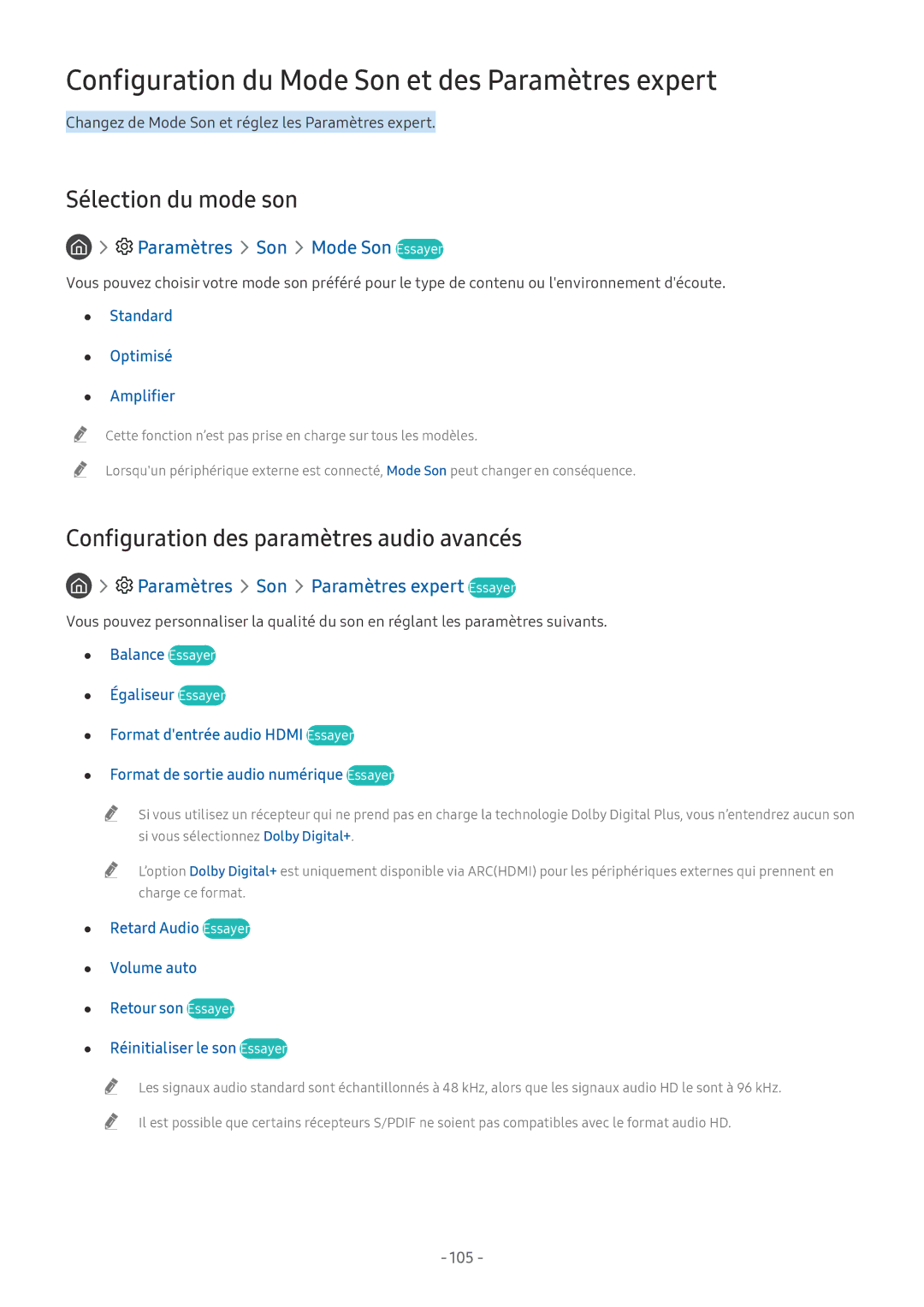 Samsung UE65NU7645UXXC, QE55Q8CNATXXC manual Configuration du Mode Son et des Paramètres expert, Sélection du mode son 