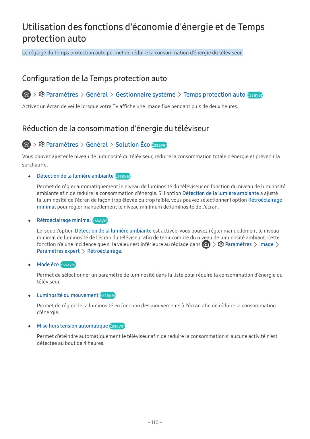 Samsung UE55NU7305KXXC Configuration de la Temps protection auto, Réduction de la consommation dénergie du téléviseur, 110 