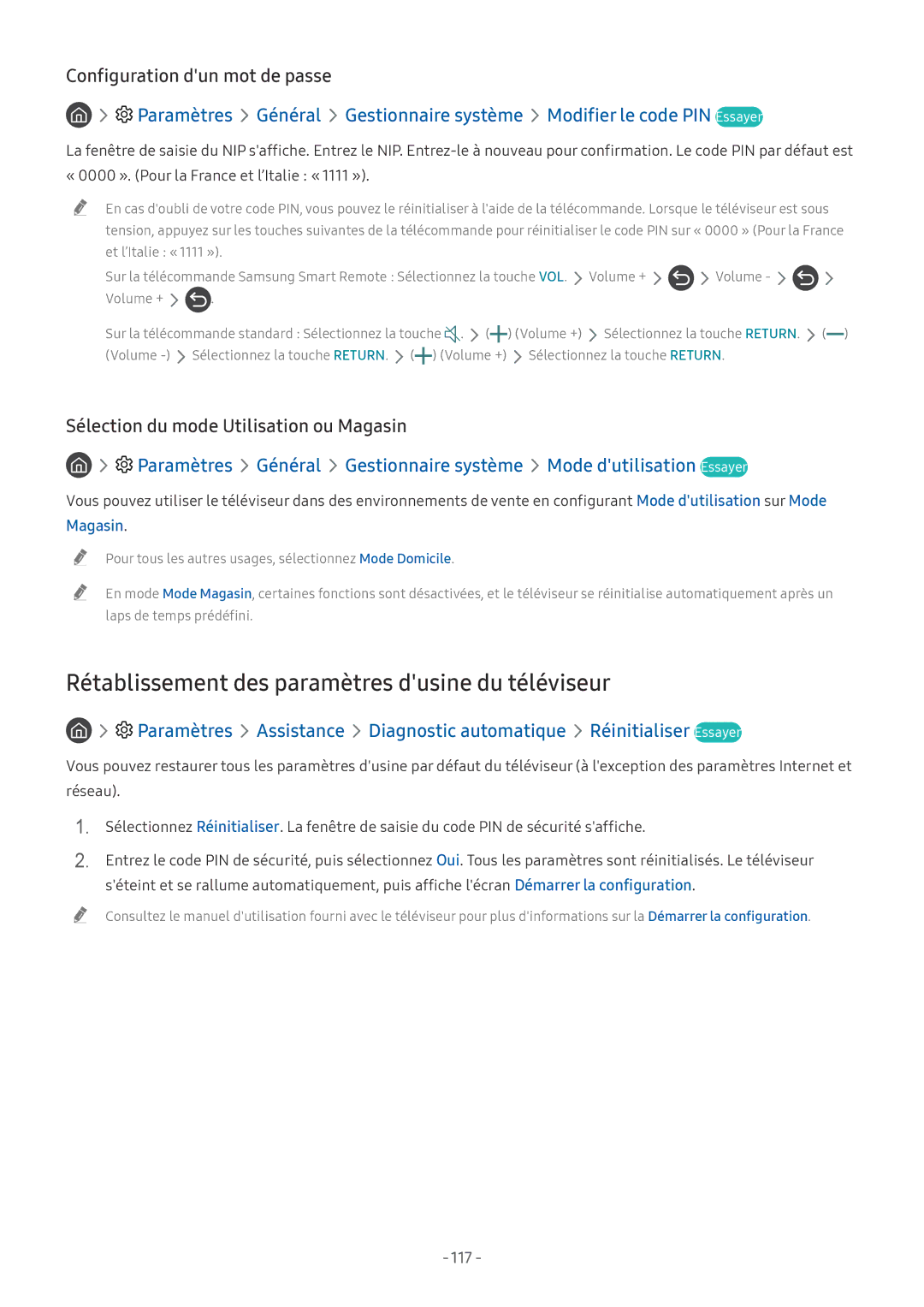 Samsung UE75NU7105KXXC Rétablissement des paramètres dusine du téléviseur, Configuration dun mot de passe, Magasin, 117 