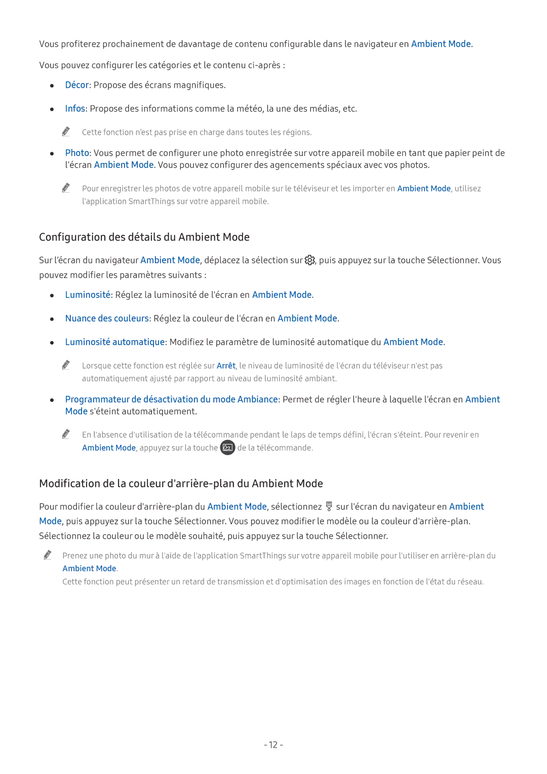 Samsung QE75Q7FNATXXC Configuration des détails du Ambient Mode, Modification de la couleur darrière-plan du Ambient Mode 