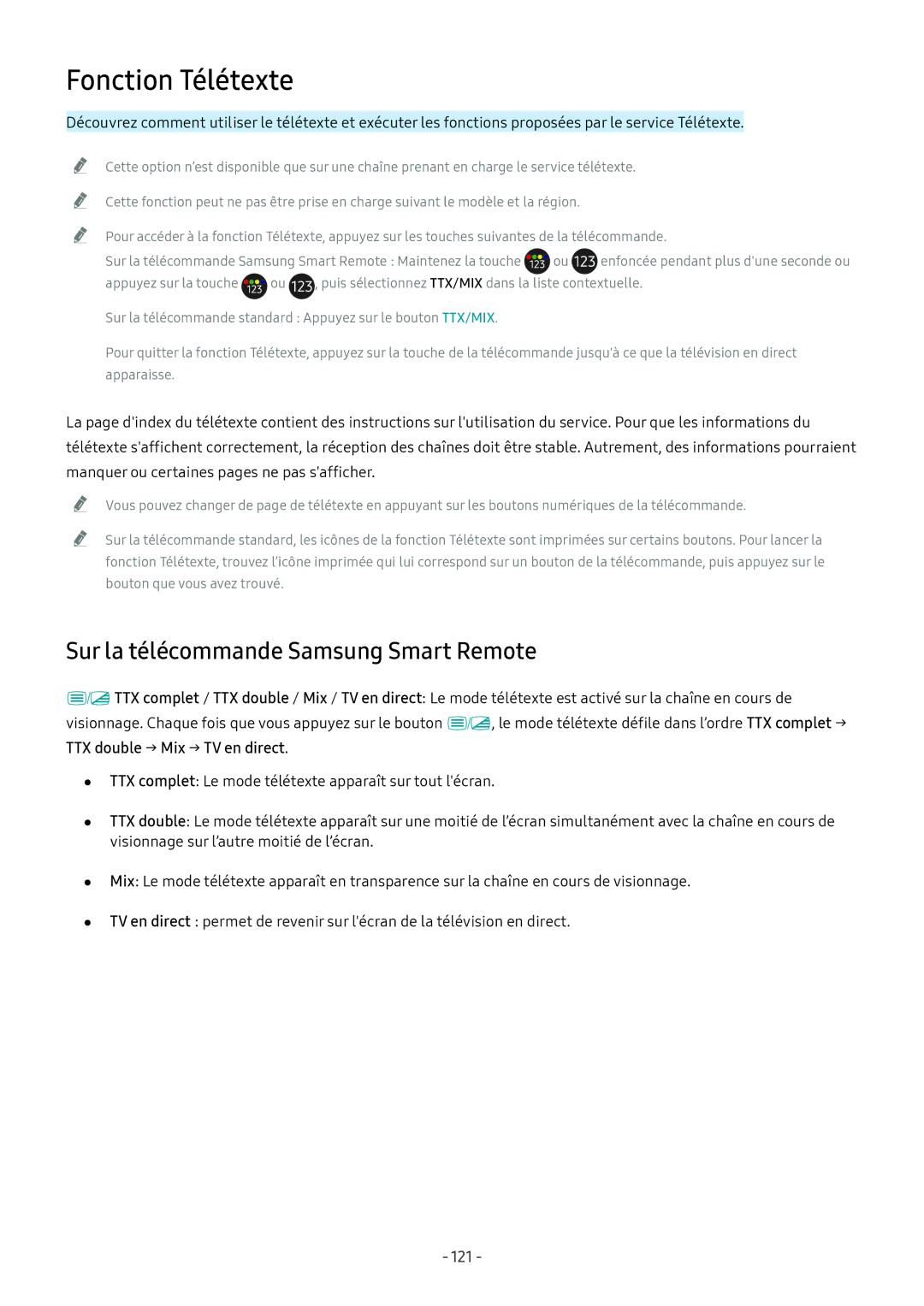 Samsung QE65Q7FNATXXC, QE55Q8CNATXXC, UE49NU7105KXXC manual Fonction Télétexte, Sur la télécommande Samsung Smart Remote, 121 