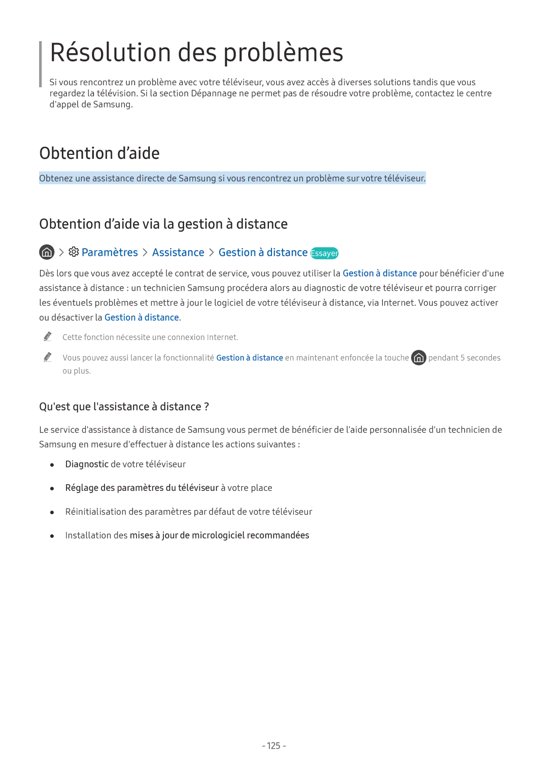 Samsung QE55Q8CNATXXC, UE49NU7105KXXC, UE55NU8005TXXC, UE49NU8005TXXC manual Obtention d’aide via la gestion à distance, 125 