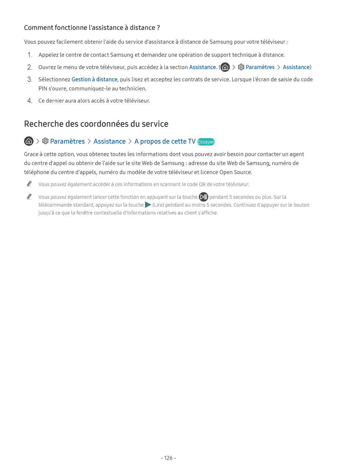 Samsung UE49NU7105KXXC, QE55Q8CNATXXC, UE55NU8005TXXC, UE49NU8005TXXC manual Comment fonctionne lassistance à distance ?, 126 