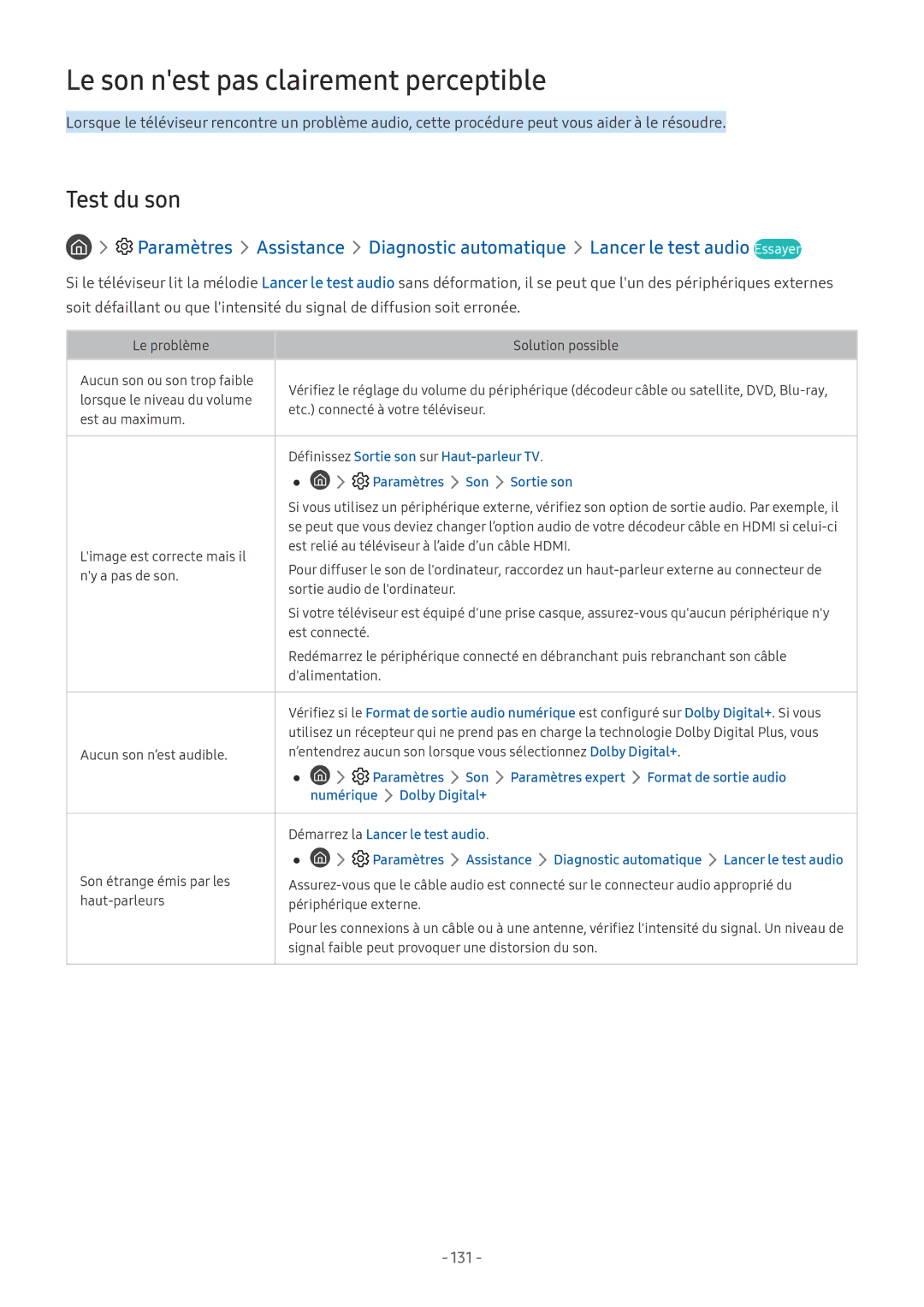 Samsung UE75NU8005TXXC Le son nest pas clairement perceptible, Test du son, 131, Définissez Sortie son sur Haut-parleur TV 