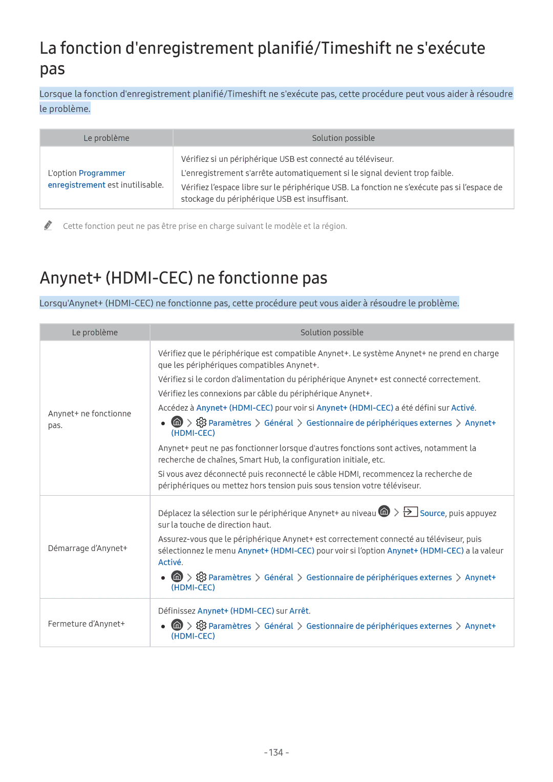 Samsung UE55NU7105KXXC Anynet+ HDMI-CEC ne fonctionne pas, 134, Loption Programmer, Définissez Anynet+ HDMI-CEC sur Arrêt 