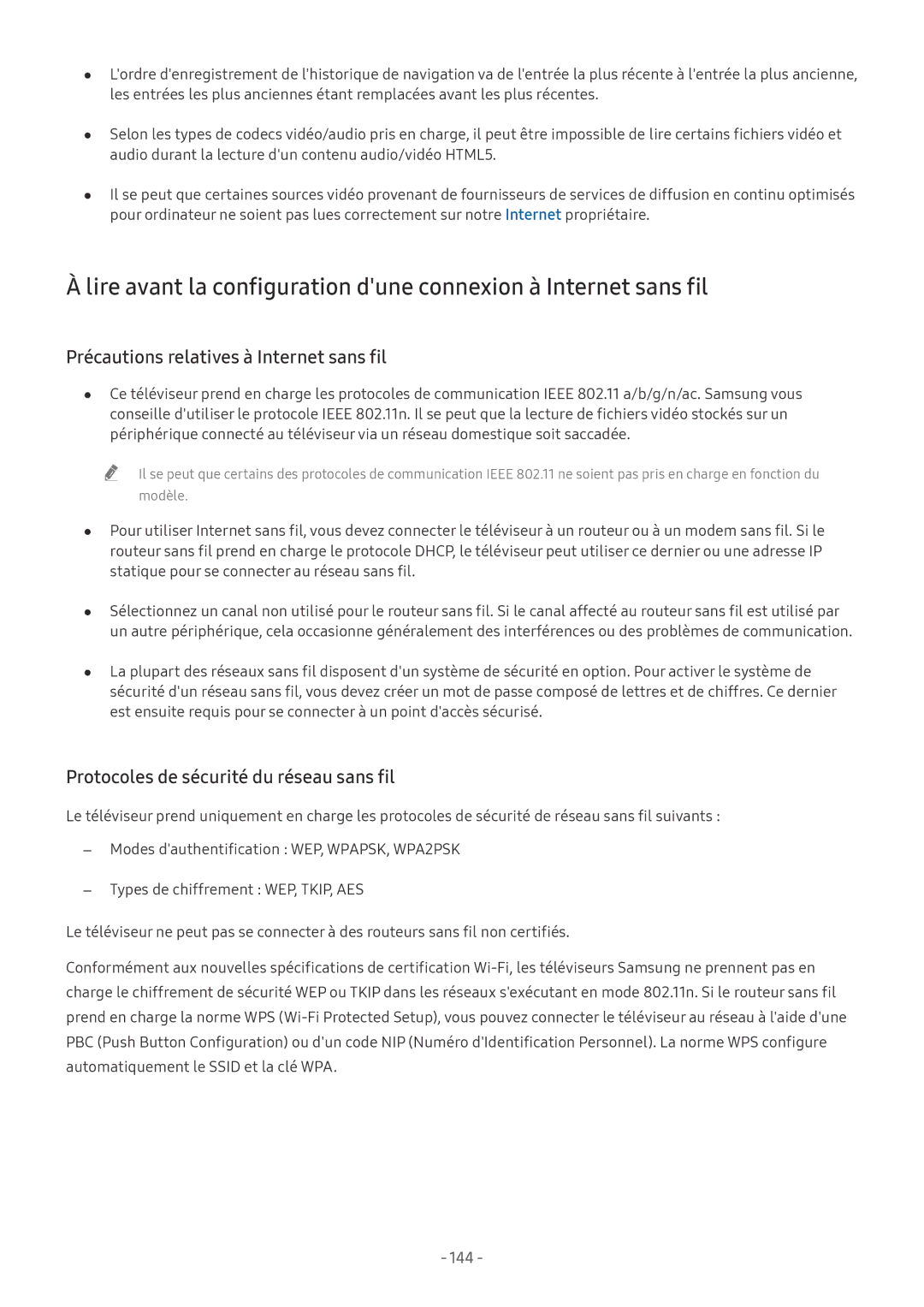 Samsung QE55Q9FNATXXC manual Précautions relatives à Internet sans fil, Protocoles de sécurité du réseau sans fil, 144 