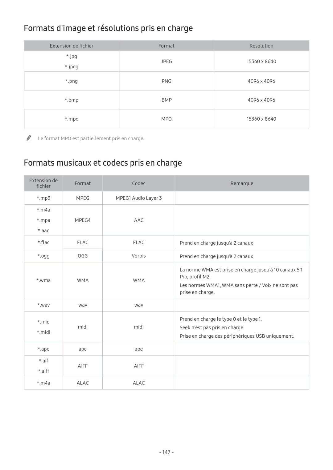 Samsung UE65NU7405UXXC manual Formats dimage et résolutions pris en charge, Formats musicaux et codecs pris en charge, 147 