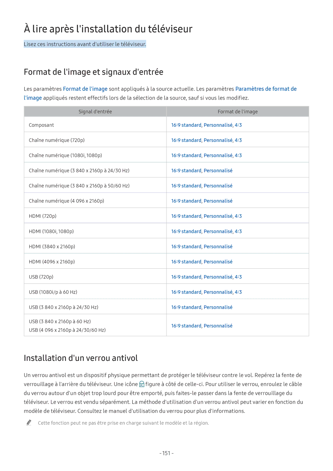 Samsung UE49NU7105KXXC, QE55Q8CNATXXC Lire après linstallation du téléviseur, Format de limage et signaux dentrée, 151 