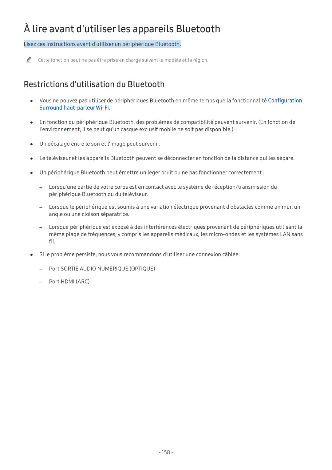 Samsung UE82NU8005TXXC manual Lire avant dutiliser les appareils Bluetooth, Restrictions dutilisation du Bluetooth, 158 