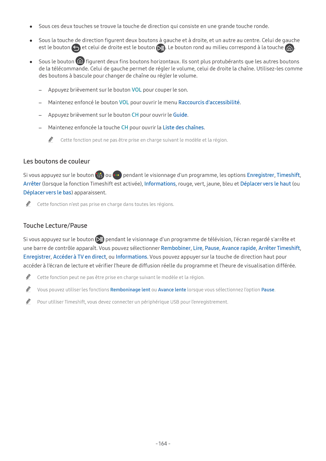 Samsung UE65NU7105KXXC, QE55Q8CNATXXC, UE49NU7105KXXC, UE55NU8005TXXC manual Les boutons de couleur, Touche Lecture/Pause, 164 