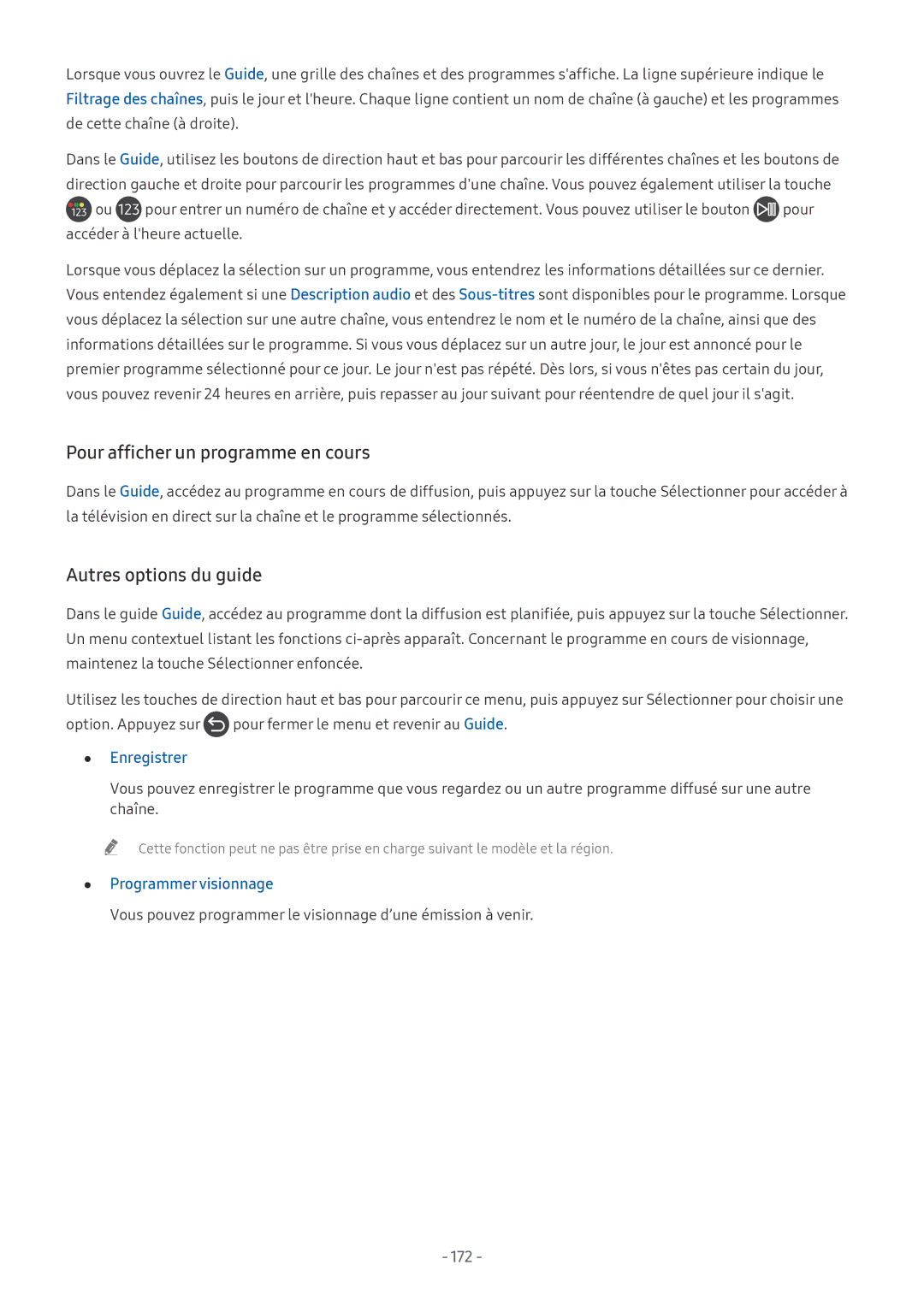 Samsung UE65NU7405UXXC manual Pour afficher un programme en cours, Autres options du guide, Programmer visionnage, 172 