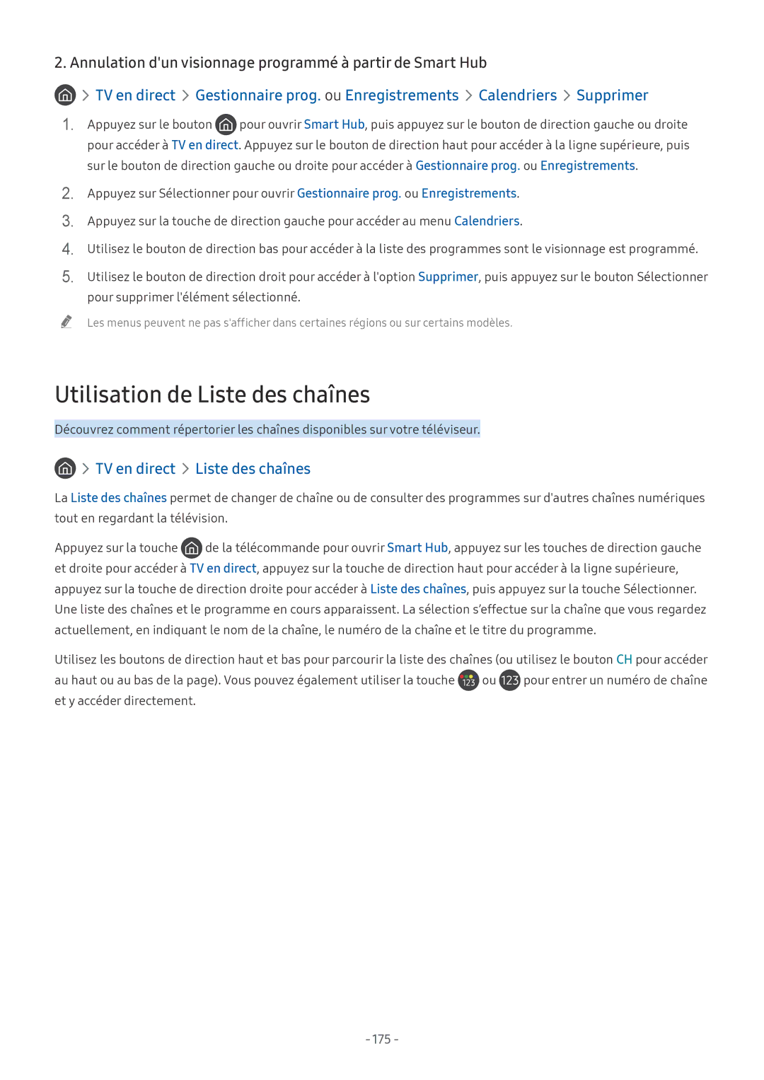 Samsung QE55Q8CNATXXC, UE49NU7105KXXC, UE55NU8005TXXC manual Annulation dun visionnage programmé à partir de Smart Hub, 175 