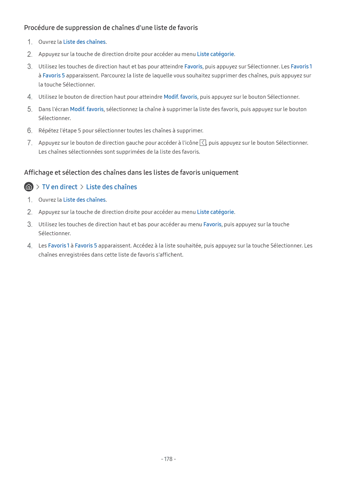 Samsung UE49NU8005TXXC, QE55Q8CNATXXC, UE49NU7105KXXC manual Procédure de suppression de chaînes dune liste de favoris, 178 