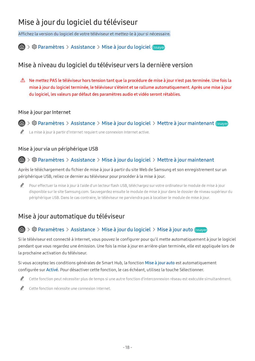 Samsung QE75Q9FNATXXC, QE55Q8CNATXXC manual Mise à jour du logiciel du téléviseur, Mise à jour automatique du téléviseur 