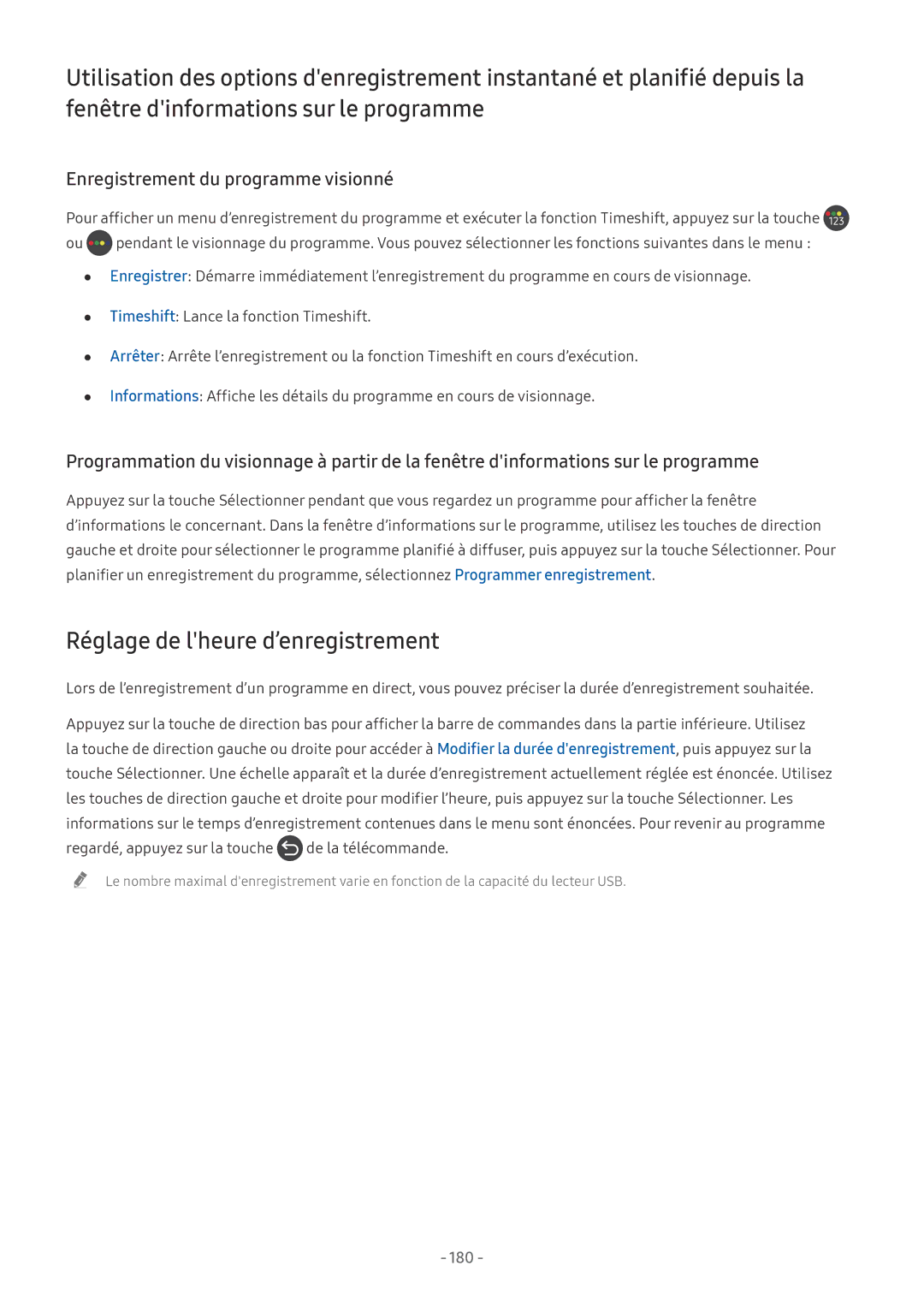 Samsung UE65NU7645UXXC, QE55Q8CNATXXC manual Réglage de lheure d’enregistrement, Enregistrement du programme visionné, 180 