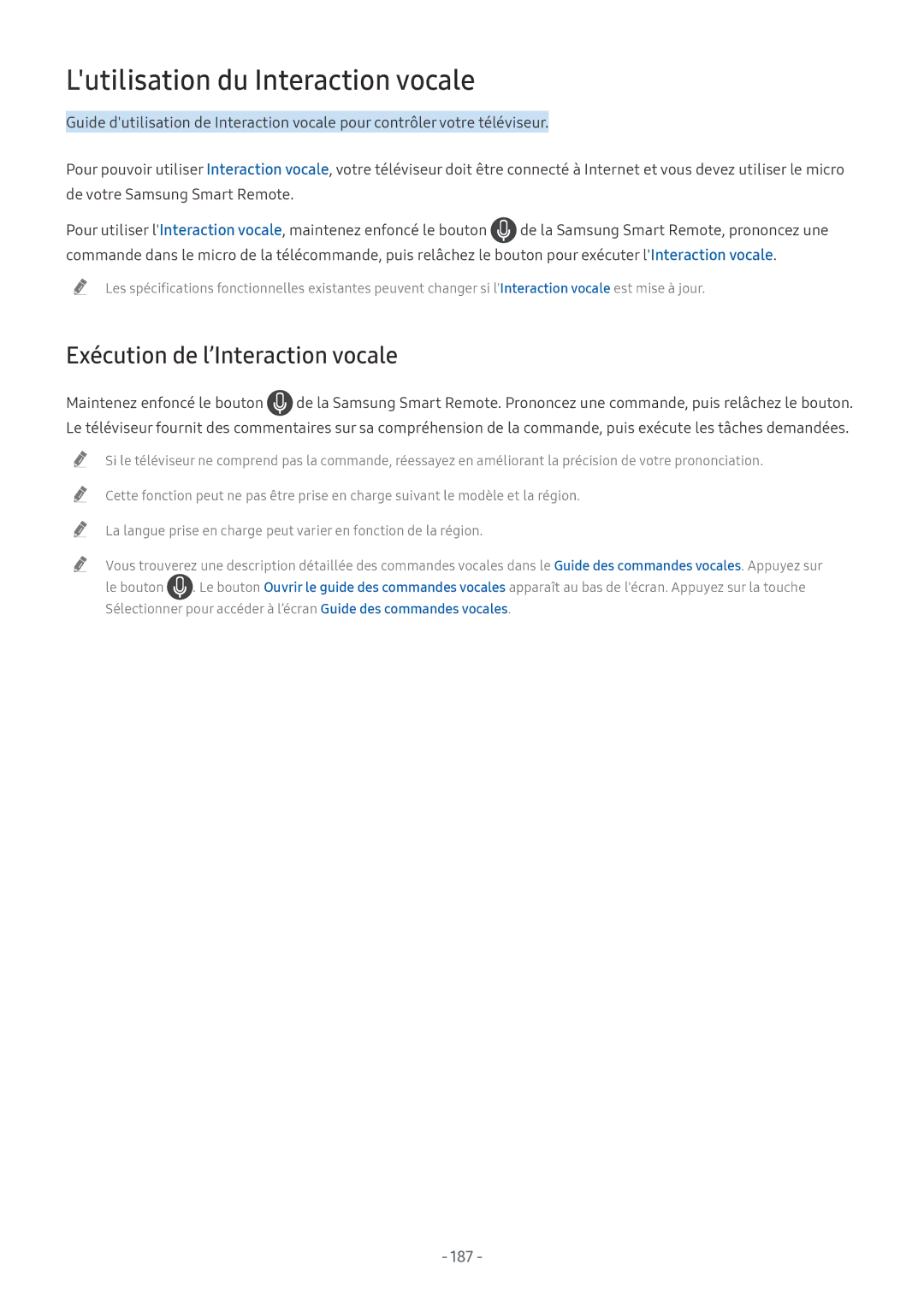 Samsung QE75Q7FNATXXC, QE55Q8CNATXXC, UE49NU7105KXXC, UE55NU8005TXXC, UE49NU8005TXXC Lutilisation du Interaction vocale, 187 