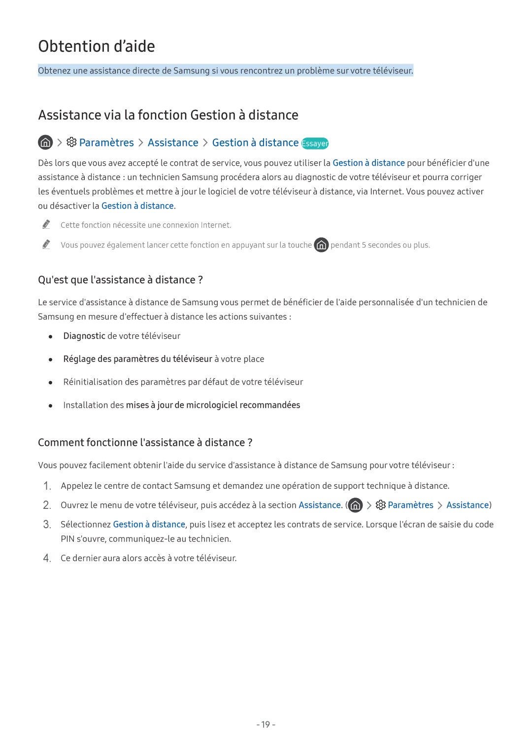 Samsung QE55Q9FNATXXC Obtention d’aide, Assistance via la fonction Gestion à distance, Quest que lassistance à distance ? 