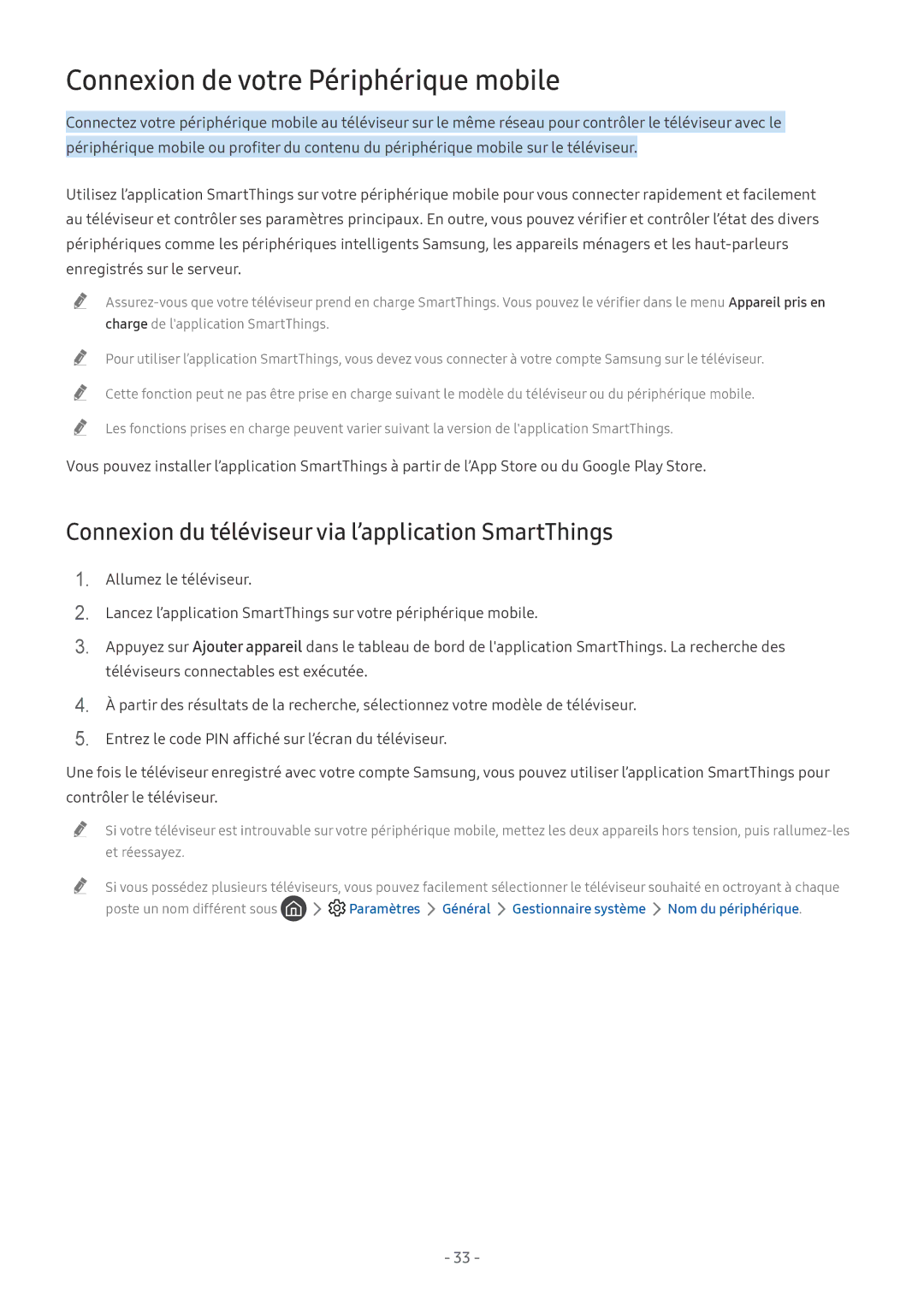 Samsung UE82NU8005TXXC manual Connexion de votre Périphérique mobile, Connexion du téléviseur via l’application SmartThings 