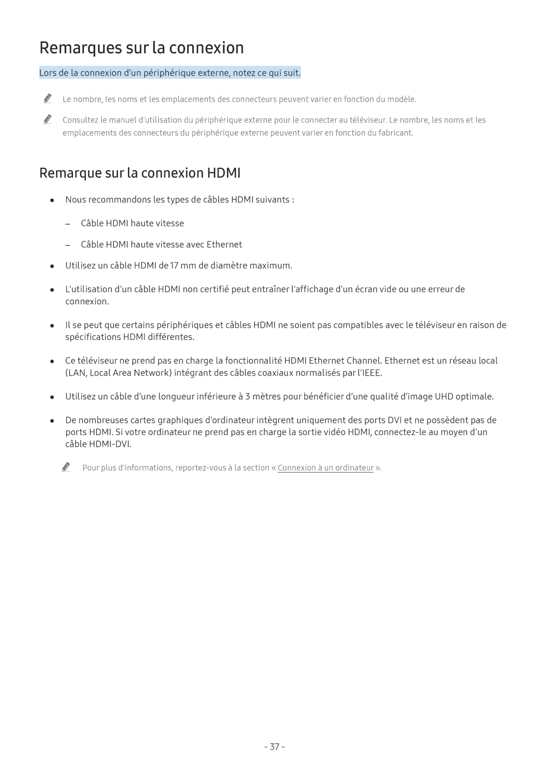 Samsung QE75Q7FNATXXC, QE55Q8CNATXXC, UE49NU7105KXXC manual Remarques sur la connexion, Remarque sur la connexion Hdmi 