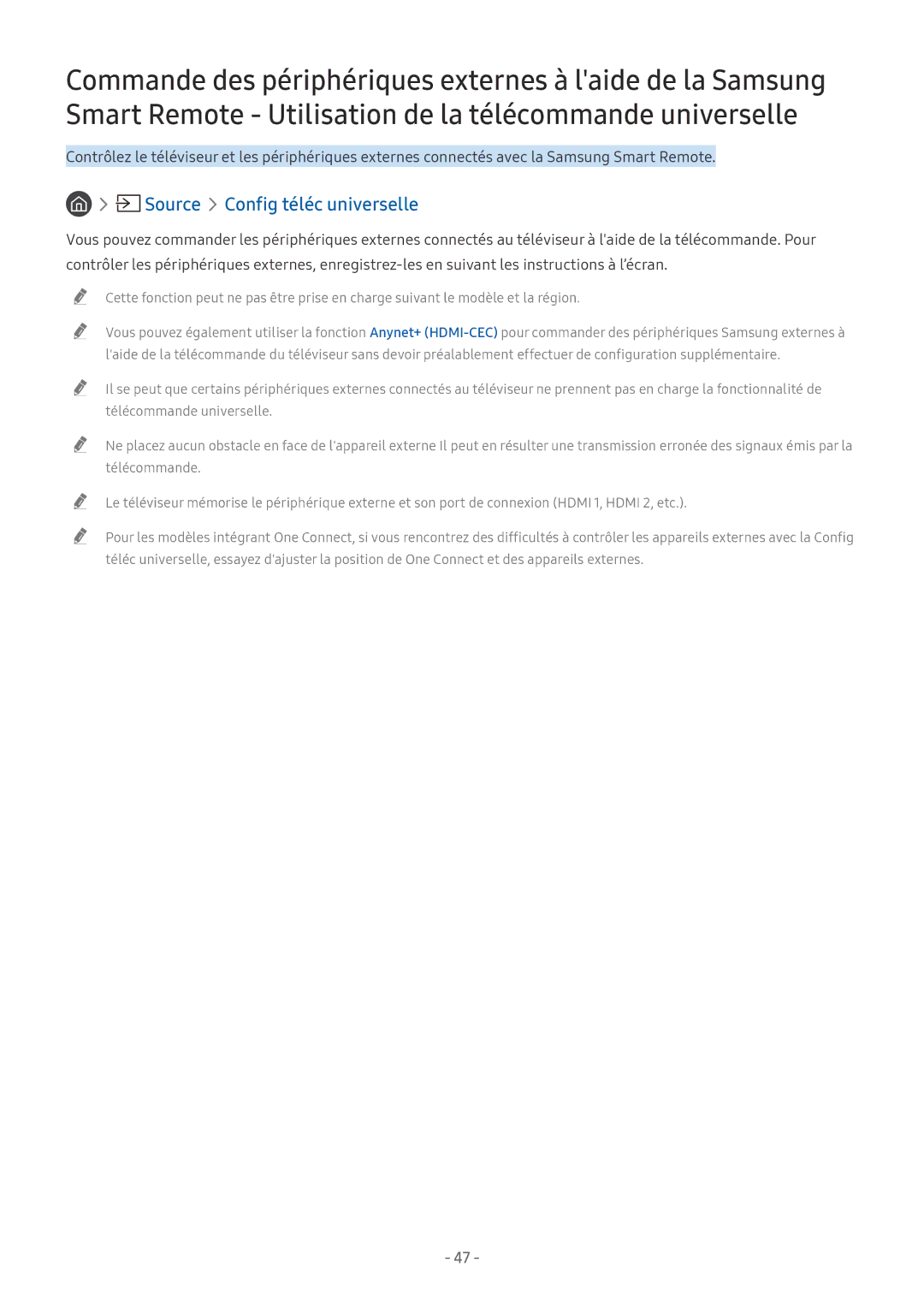 Samsung UE65NU7405UXXC, QE55Q8CNATXXC, UE49NU7105KXXC, UE55NU8005TXXC, UE49NU8005TXXC manual Source Config téléc universelle 
