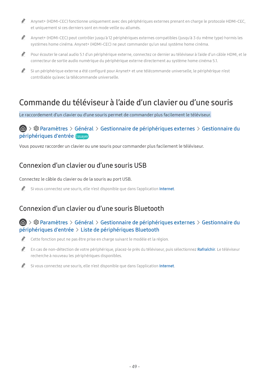 Samsung QE55Q7FNATXXC manual Connexion d’un clavier ou d’une souris USB, Connexion d’un clavier ou d’une souris Bluetooth 