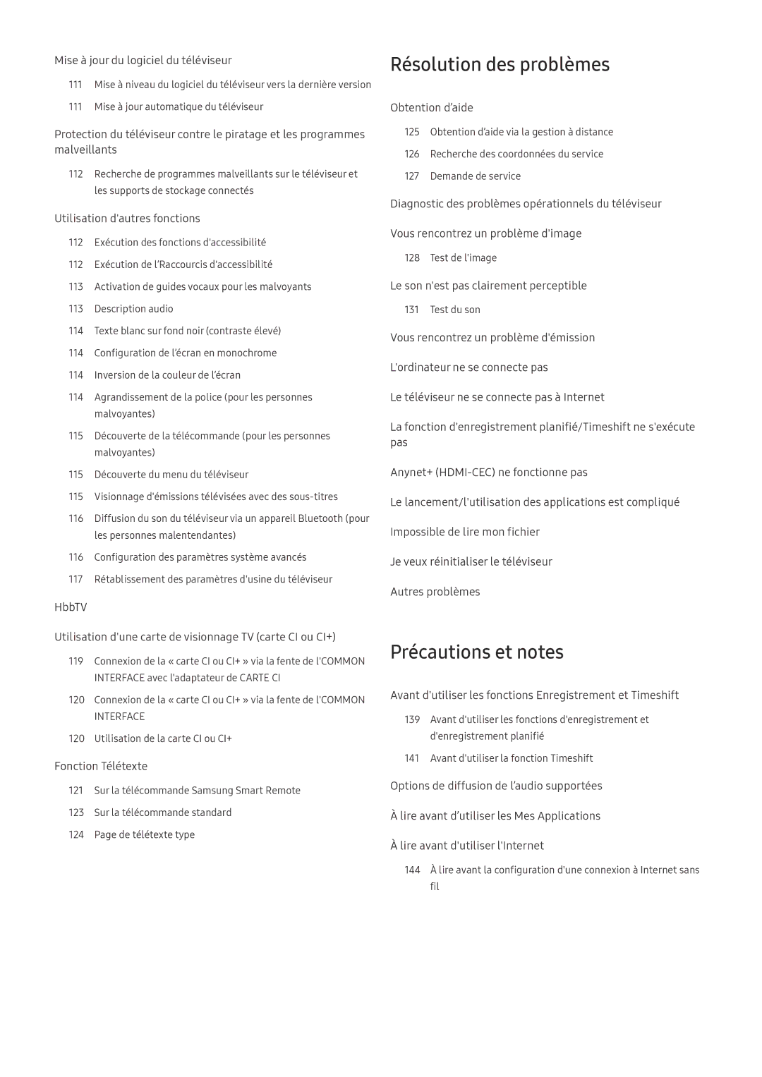 Samsung UE65NU7645UXXC, QE55Q8CNATXXC, UE49NU7105KXXC, UE55NU8005TXXC manual Résolution des problèmes, Précautions et notes 