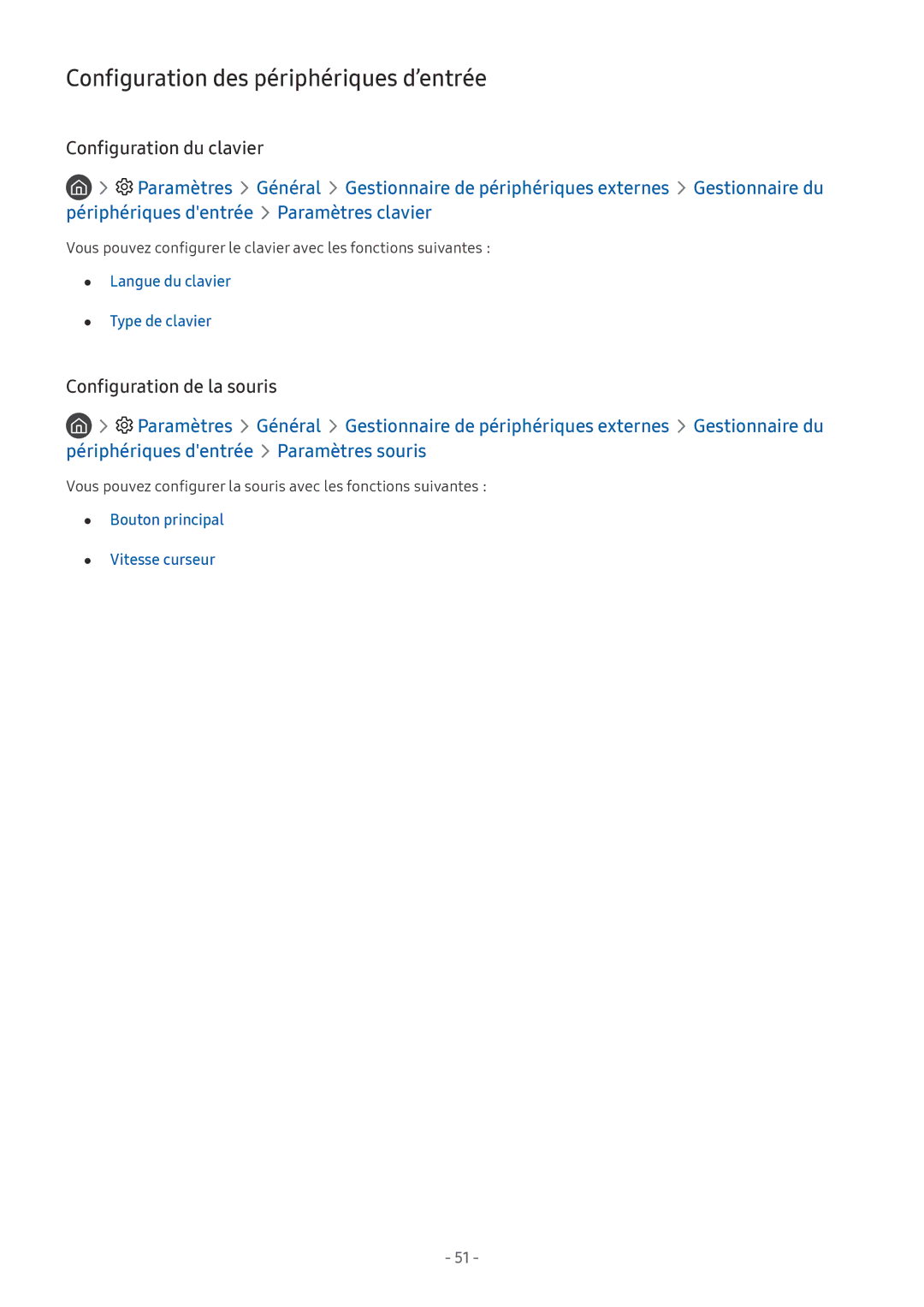 Samsung UE49NU7105KXXC Configuration des périphériques d’entrée, Configuration du clavier, Configuration de la souris 