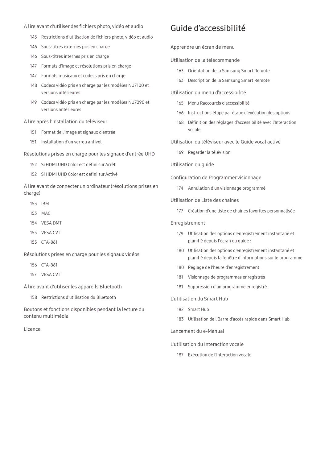 Samsung UE75NU8005TXXC, QE55Q8CNATXXC, UE49NU7105KXXC, UE55NU8005TXXC, UE49NU8005TXXC, QE65Q6FAMTXXC Guide d’accessibilité 