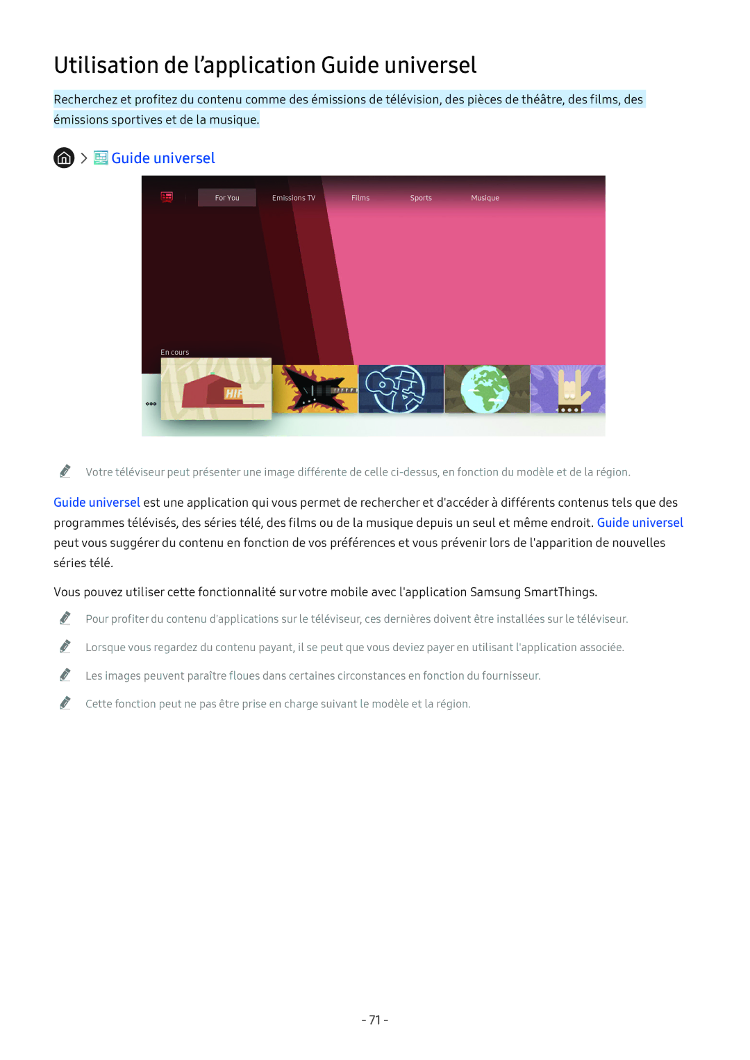 Samsung QE65Q7FNATXXC, QE55Q8CNATXXC, UE49NU7105KXXC, UE55NU8005TXXC manual Utilisation de l’application Guide universel 