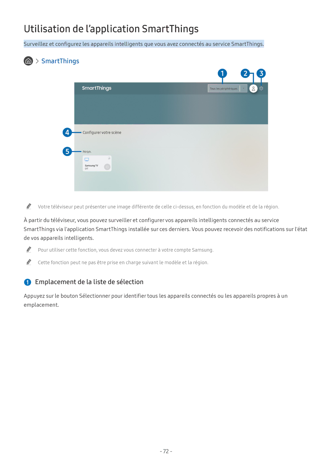 Samsung UE65NU7405UXXC, QE55Q8CNATXXC manual Utilisation de l’application SmartThings,  Emplacement de la liste de sélection 