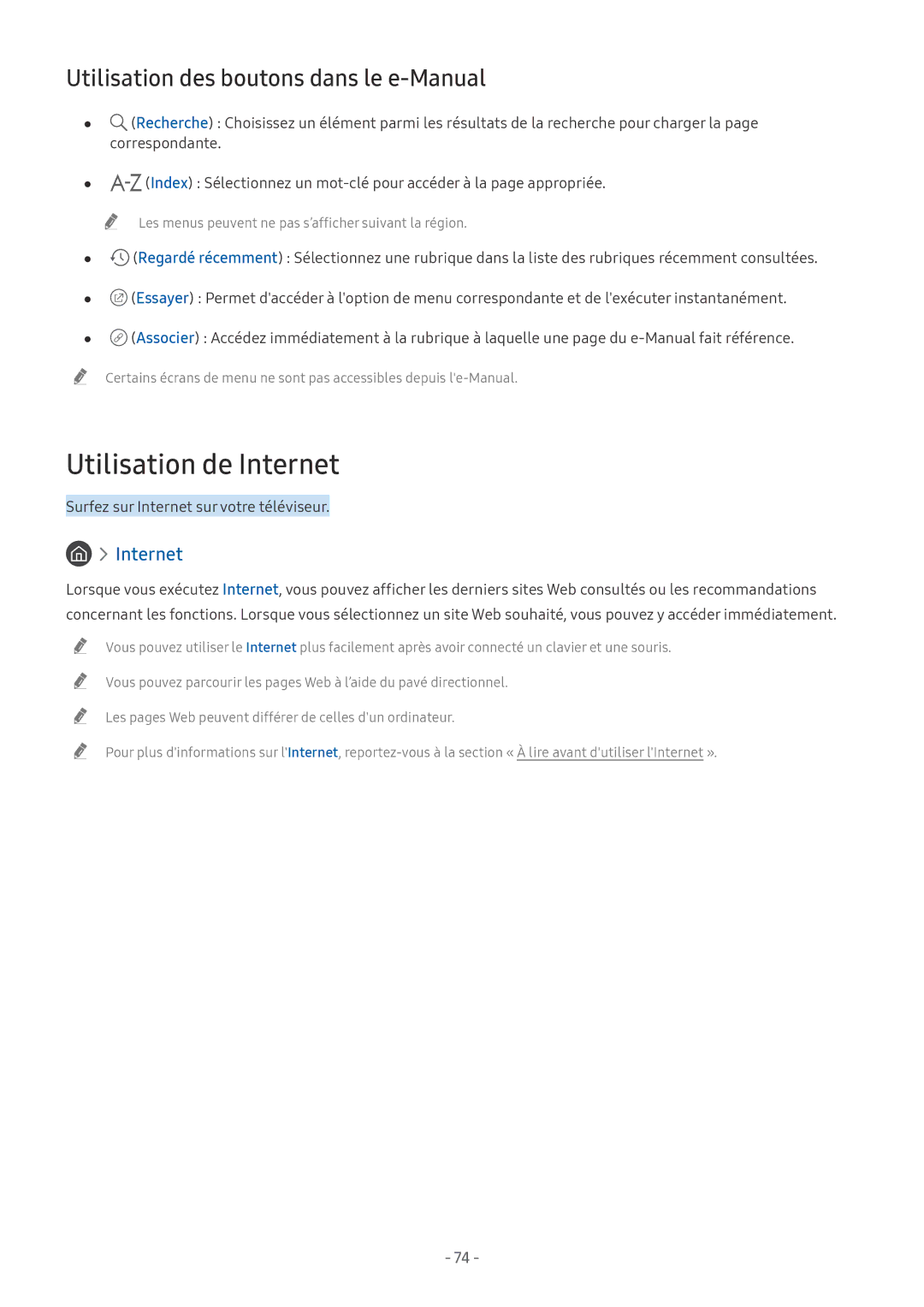 Samsung QE55Q7FNATXXC, QE55Q8CNATXXC, UE49NU7105KXXC manual Utilisation de Internet, Utilisation des boutons dans le e-Manual 