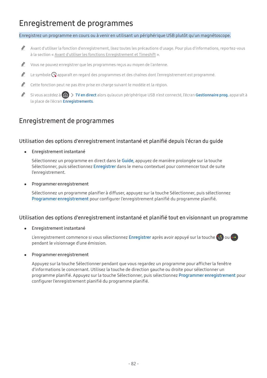 Samsung UE65NU7175UXXC, QE55Q8CNATXXC, UE49NU7105KXXC, UE55NU8005TXXC, UE49NU8005TXXC manual Enregistrement de programmes 