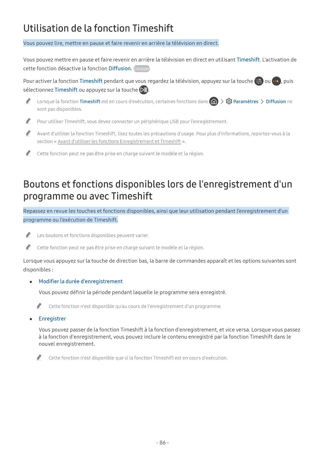 Samsung UE65NU7655UXXC manual Utilisation de la fonction Timeshift, Modifier la durée denregistrement, Enregistrer, Puis 