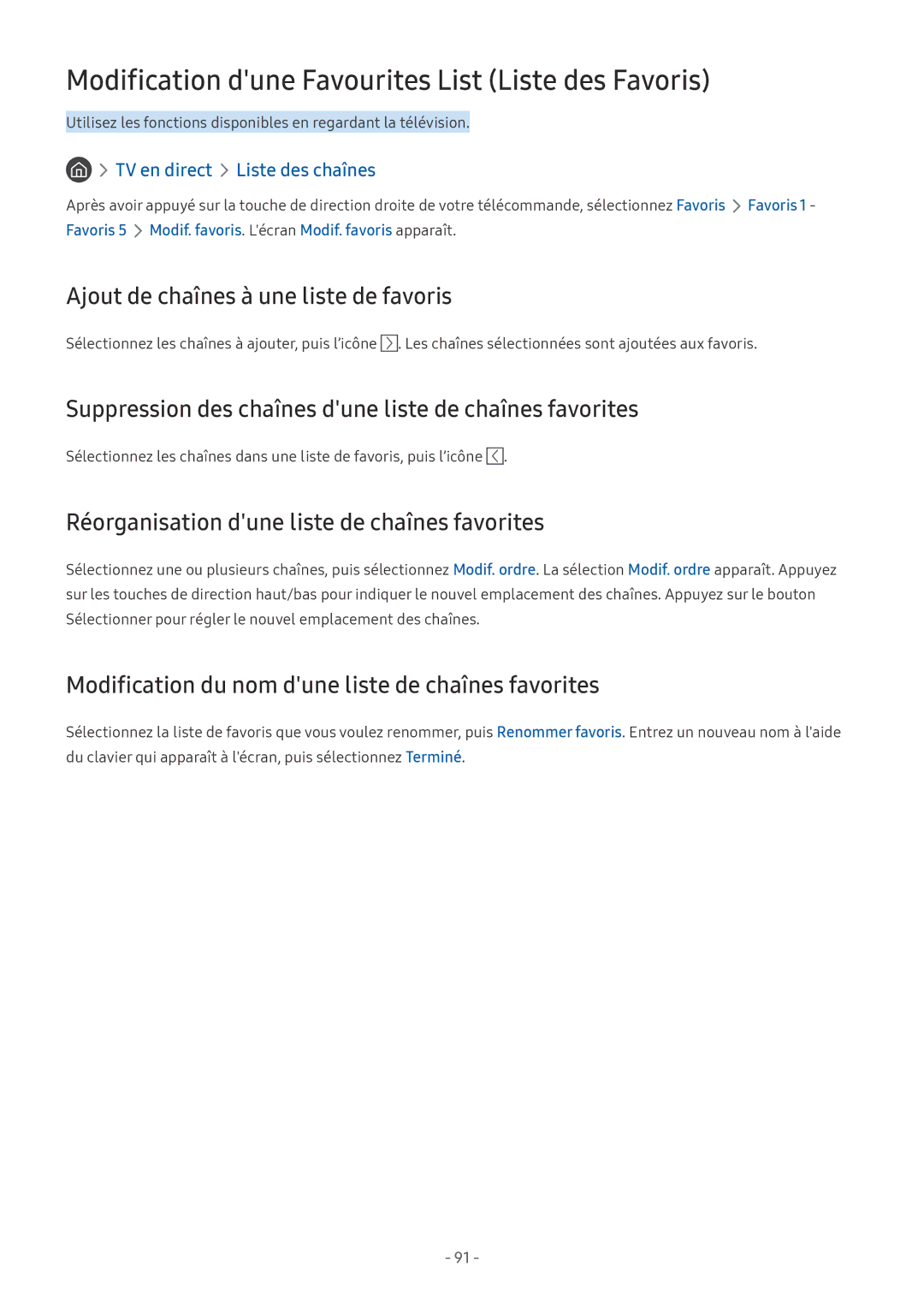 Samsung QE65Q8CNATXXC manual Modification dune Favourites List Liste des Favoris, Ajout de chaînes à une liste de favoris 