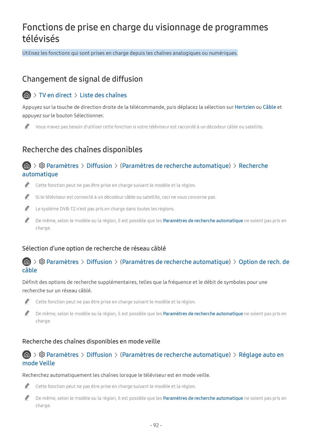 Samsung UE75NU7105KXXC, QE55Q8CNATXXC Changement de signal de diffusion, Recherche des chaînes disponibles, Automatique 