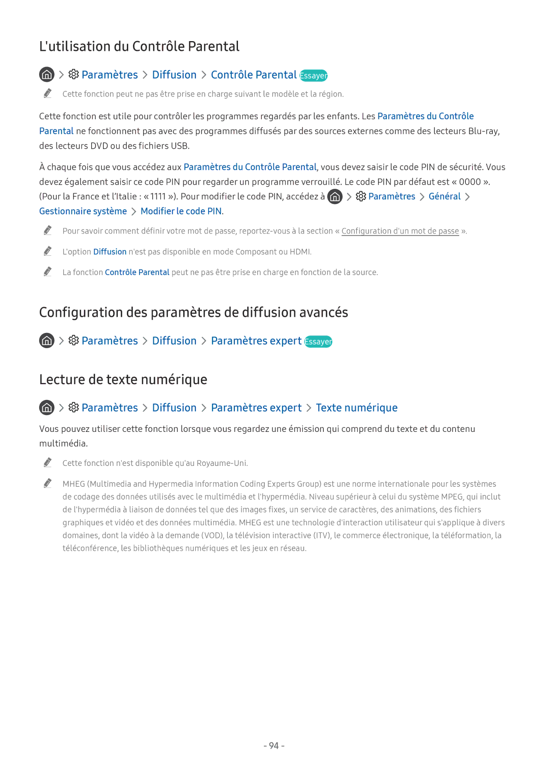 Samsung QE55Q9FNATXXC, QE55Q8CNATXXC Lutilisation du Contrôle Parental, Configuration des paramètres de diffusion avancés 