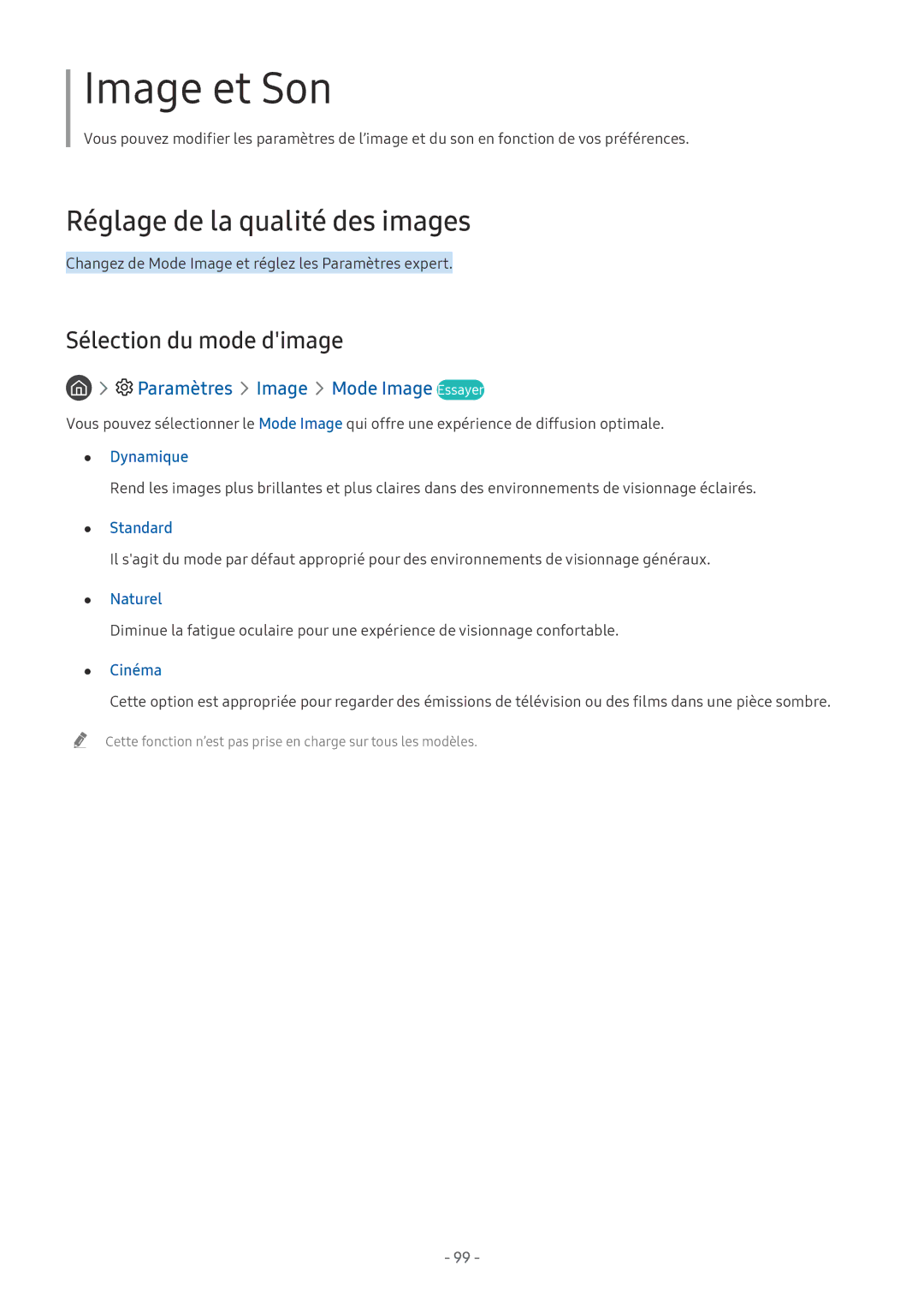 Samsung QE55Q7FNATXXC Réglage de la qualité des images, Sélection du mode dimage, Paramètres Image Mode Image Essayer 